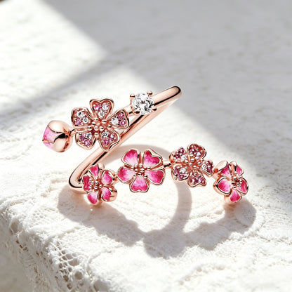 🔥Last Day 50% OFF🌸Enamel Cherry Blossom Wrap Ring | Rose Gold Plated・Adjustable Open Band・Floral Dainty Jewelry