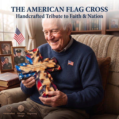 Hand-Carved Solid Hardwood Flag Wall Cross, Timeless Patriotic & Christian Heirloom Decor