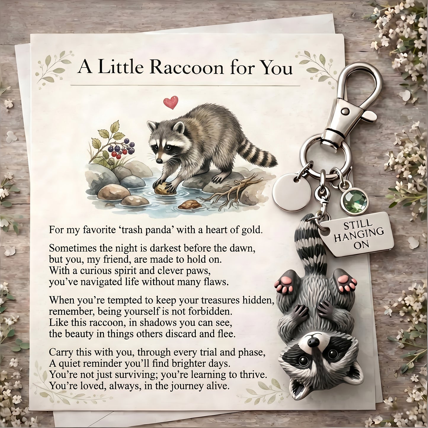 The "Zero F*cks" Trash Panda Keychain & Poem Set 🦝🍕 | Ultimate Dumpster Fire Survival Gift