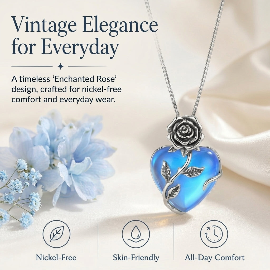 🔥Last Day 50% OFF🌹Enchanted Rose Blue Moonstone Heart Necklace | Vintage Silver Craft・Glowing Heart Gem・Romantic Jewelry Gift