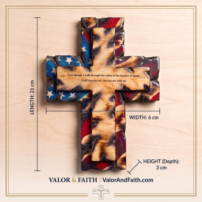 Hand-Carved Solid Hardwood Flag Wall Cross, Timeless Patriotic & Christian Heirloom Decor