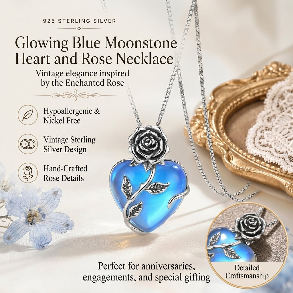 🔥Last Day 50% OFF🌹Enchanted Rose Blue Moonstone Heart Necklace | Vintage Silver Craft・Glowing Heart Gem・Romantic Jewelry Gift