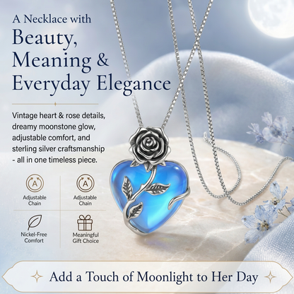 🔥Last Day 50% OFF🌹Enchanted Rose Blue Moonstone Heart Necklace | Vintage Silver Craft・Glowing Heart Gem・Romantic Jewelry Gift