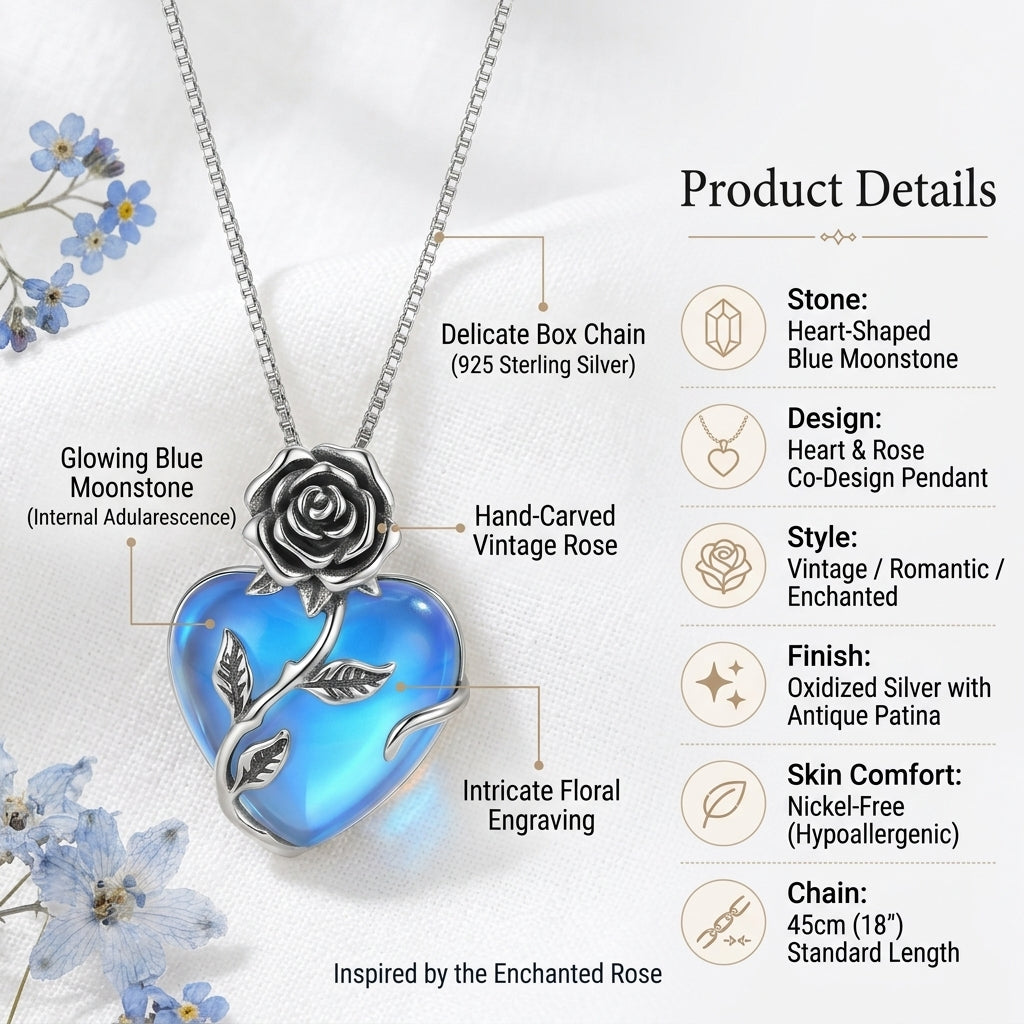 🔥Last Day 50% OFF🌹Enchanted Rose Blue Moonstone Heart Necklace | Vintage Silver Craft・Glowing Heart Gem・Romantic Jewelry Gift