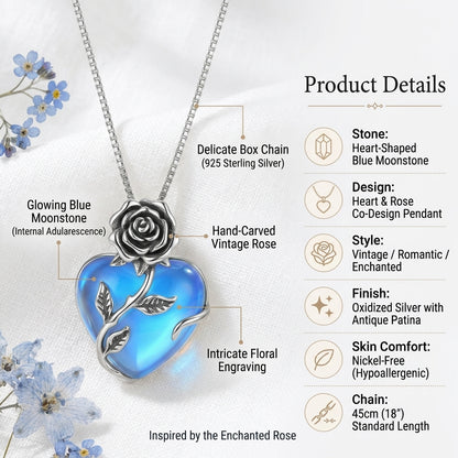 🔥Last Day 50% OFF🌹Enchanted Rose Blue Moonstone Heart Necklace | Vintage Silver Craft・Glowing Heart Gem・Romantic Jewelry Gift