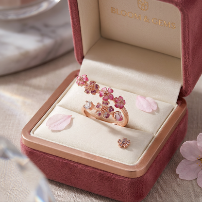 🔥Last Day 50% OFF🌸Enamel Cherry Blossom Wrap Ring | Rose Gold Plated・Adjustable Open Band・Floral Dainty Jewelry