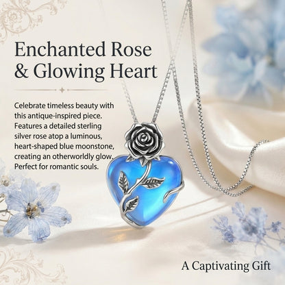 🔥Last Day 50% OFF🌹Enchanted Rose Blue Moonstone Heart Necklace | Vintage Silver Craft・Glowing Heart Gem・Romantic Jewelry Gift