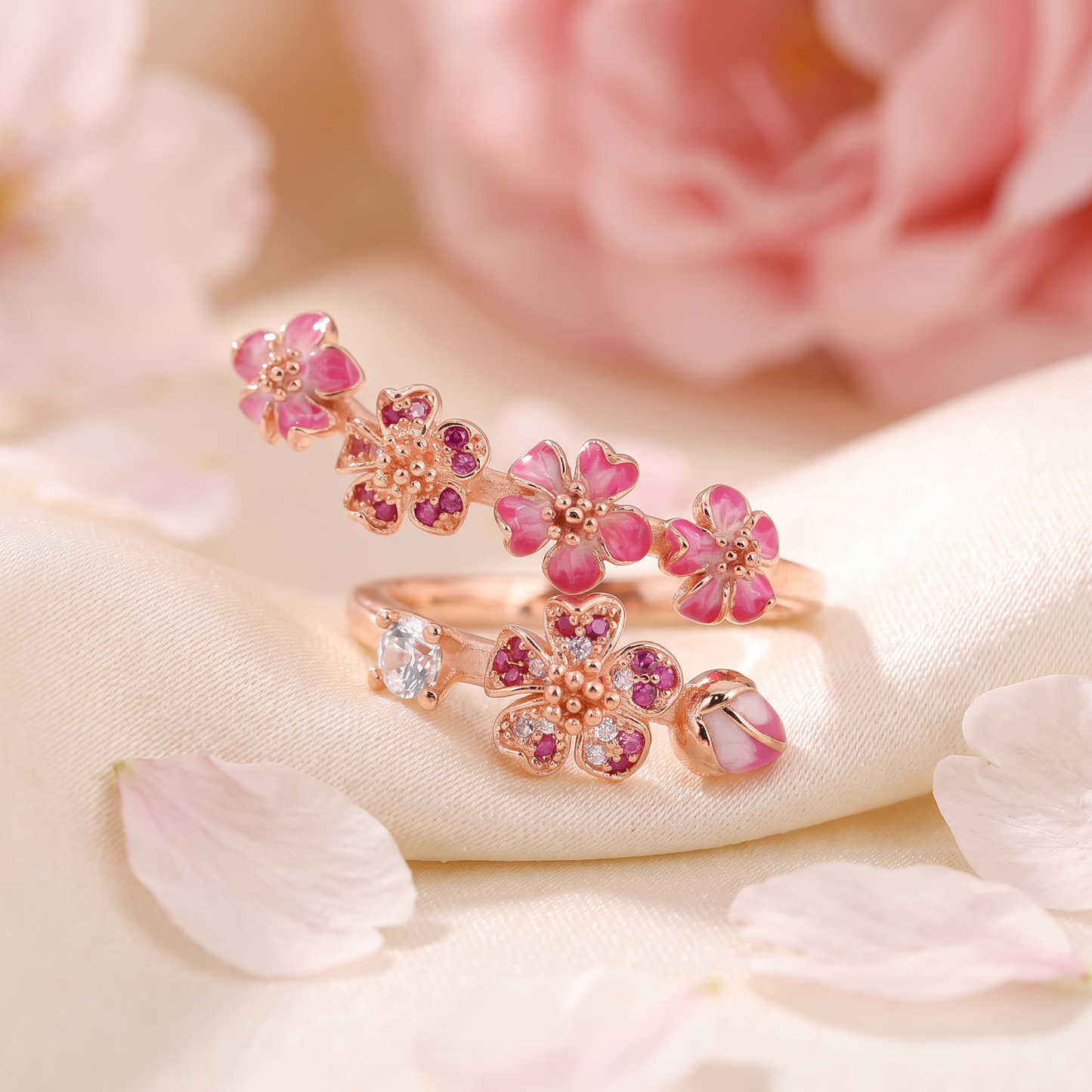 🔥Last Day 50% OFF🌸Enamel Cherry Blossom Wrap Ring | Rose Gold Plated・Adjustable Open Band・Floral Dainty Jewelry