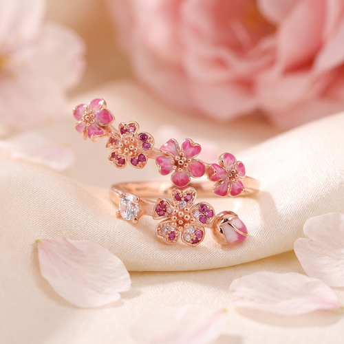 🔥Last Day 50% OFF🌸Enamel Cherry Blossom Wrap Ring | Rose Gold Plated・Adjustable Open Band・Floral Dainty Jewelry