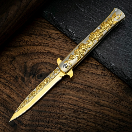 ✨ Vintage Elegance: The "Golden Rose" Engraved Pocket Knife ✨