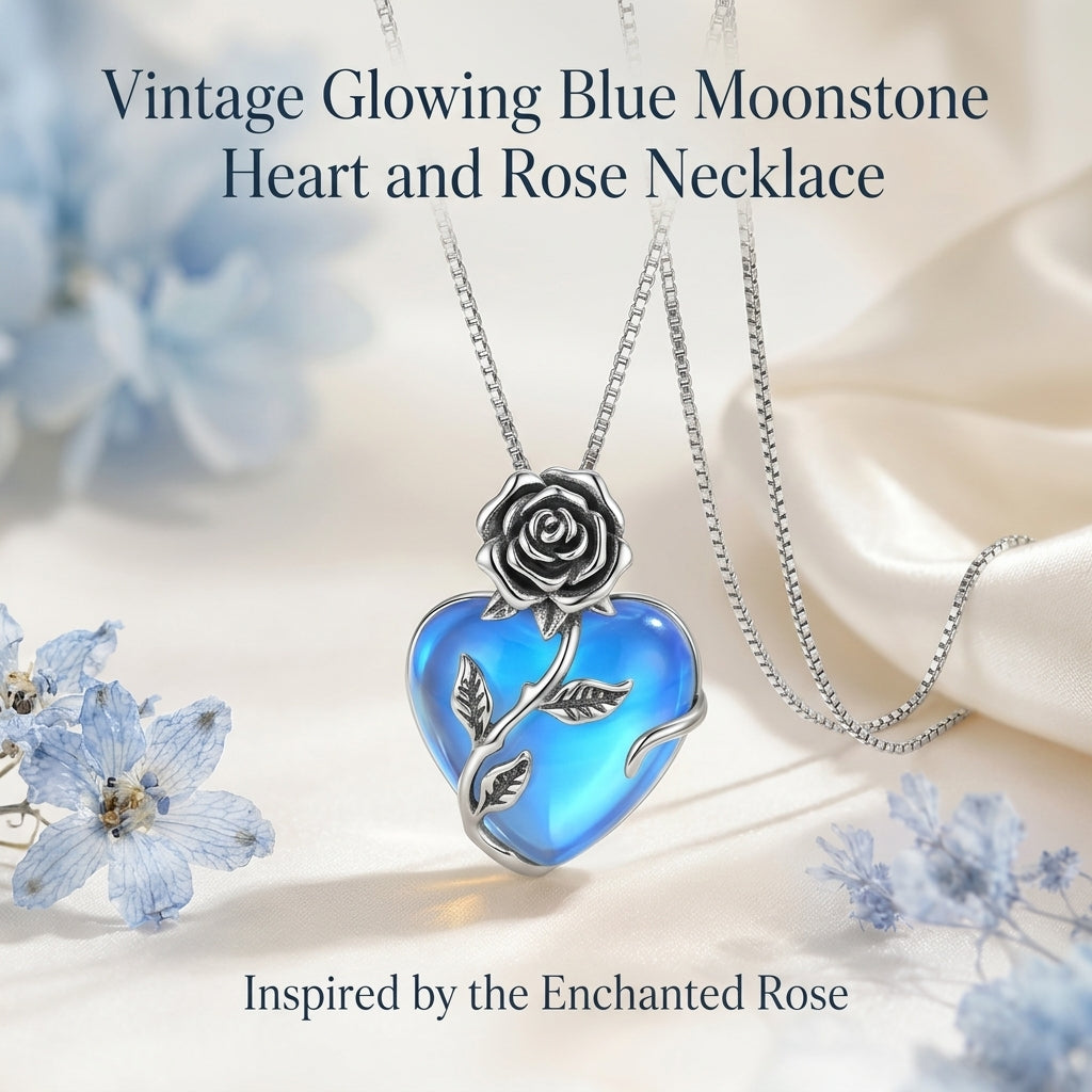 🔥Last Day 50% OFF🌹Enchanted Rose Blue Moonstone Heart Necklace | Vintage Silver Craft・Glowing Heart Gem・Romantic Jewelry Gift