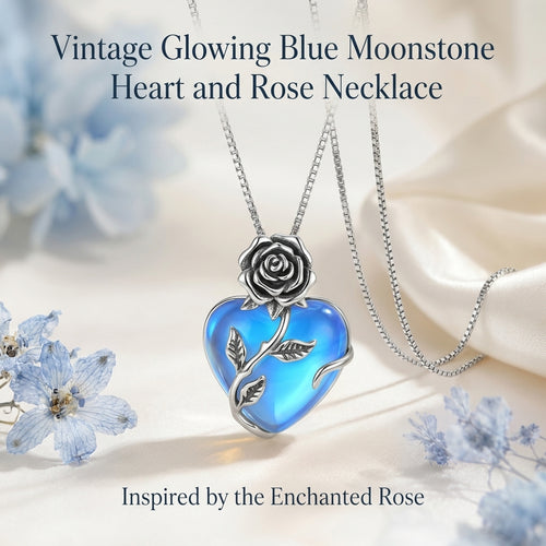 🔥Last Day 50% OFF🌹Enchanted Rose Blue Moonstone Heart Necklace | Vintage Silver Craft・Glowing Heart Gem・Romantic Jewelry Gift