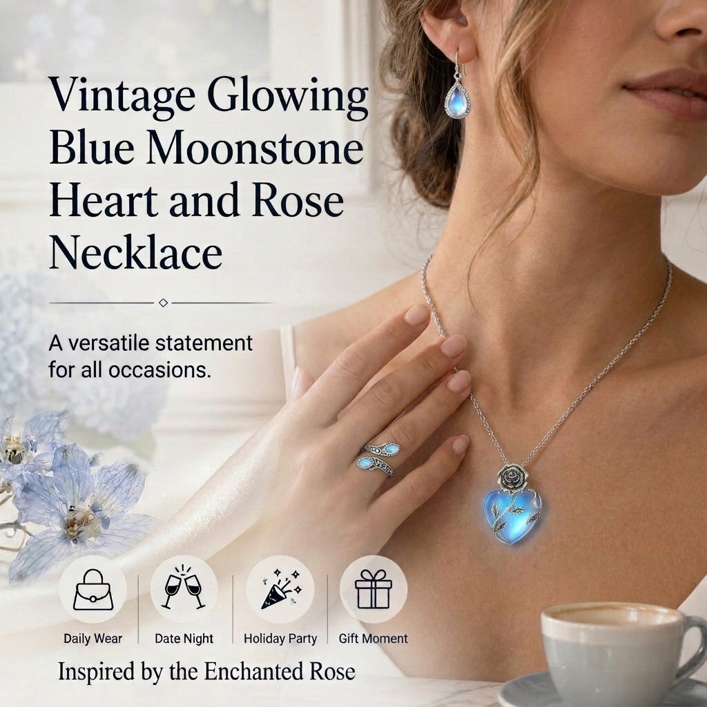 🔥Last Day 50% OFF🌹Enchanted Rose Blue Moonstone Heart Necklace | Vintage Silver Craft・Glowing Heart Gem・Romantic Jewelry Gift