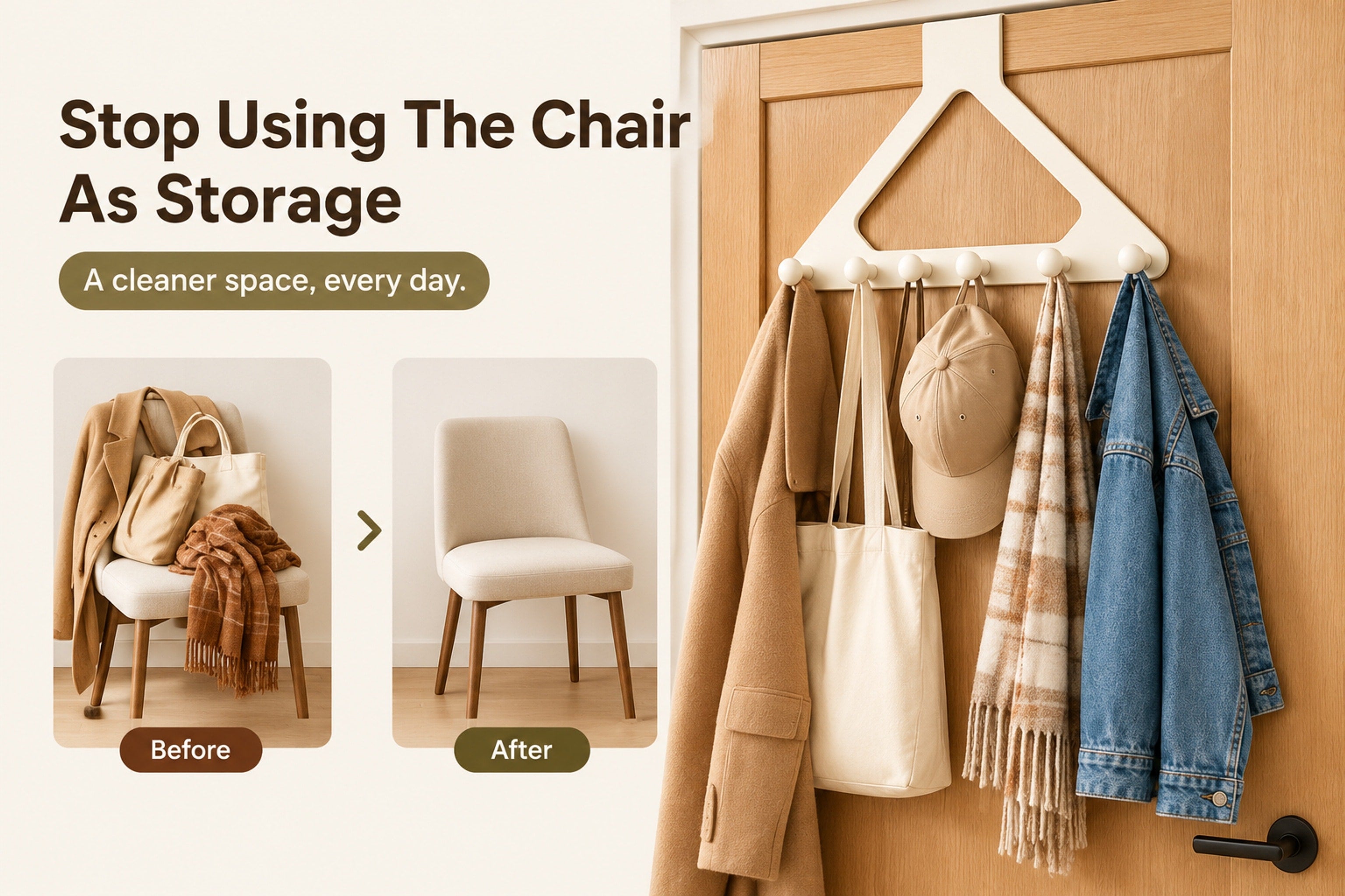Everyday coats, bags, and accessories collecting on a chair near a door