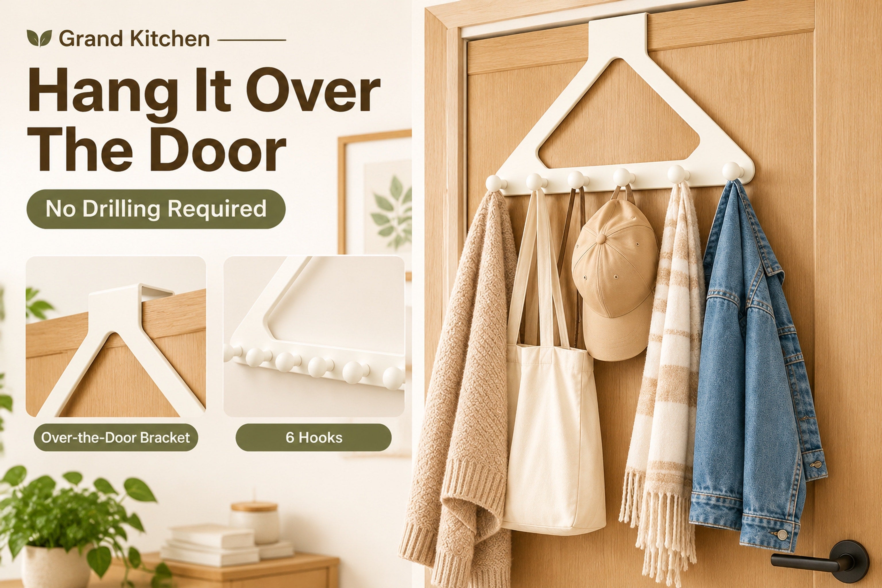 Over-the-door hook rack creating a visible home for daily essentials