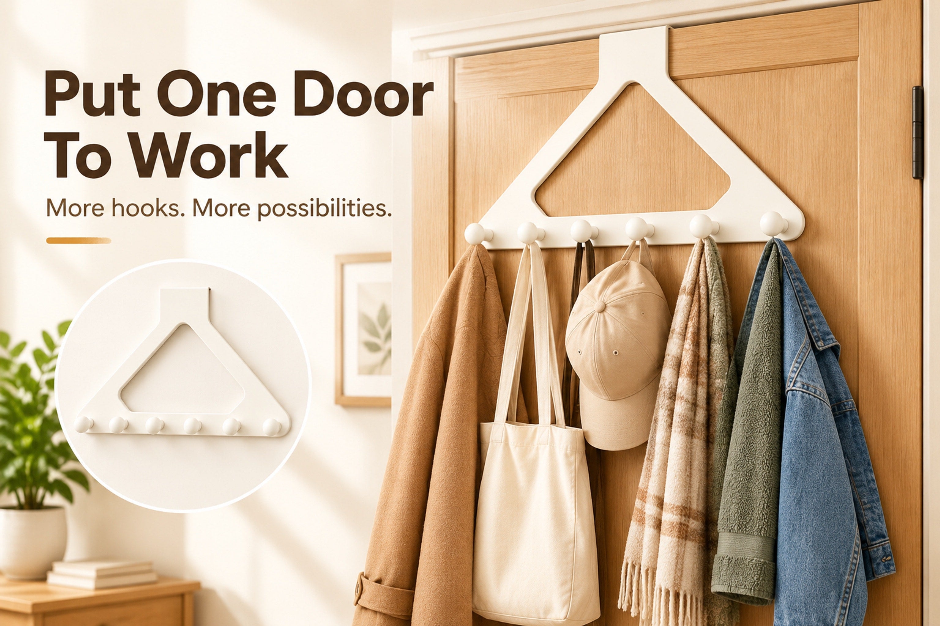 Cream White six-hook organizer mounted over a wooden door with everyday items hanging from it