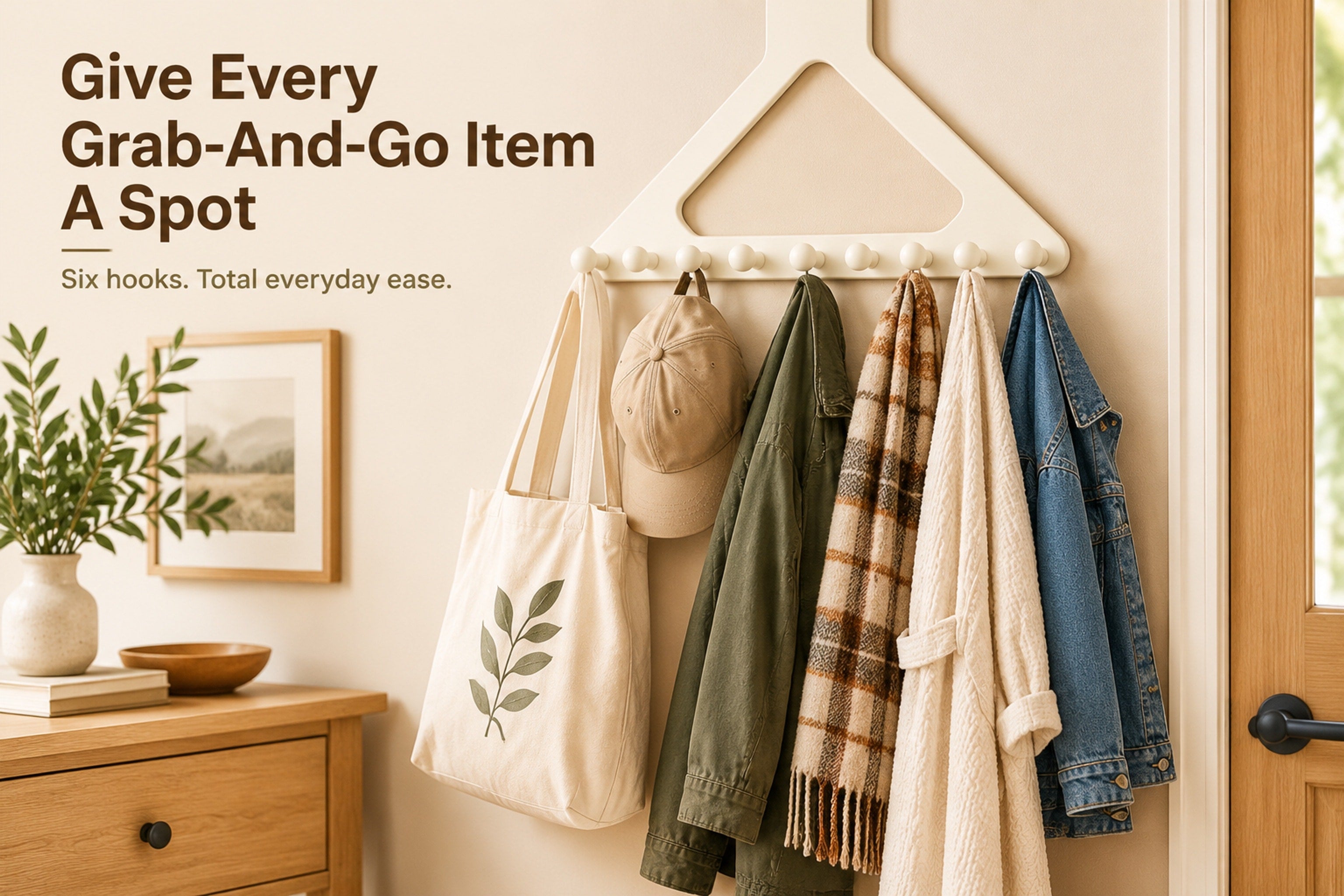 Over-door top bracket and six-hook row on the triangle hanging organizer