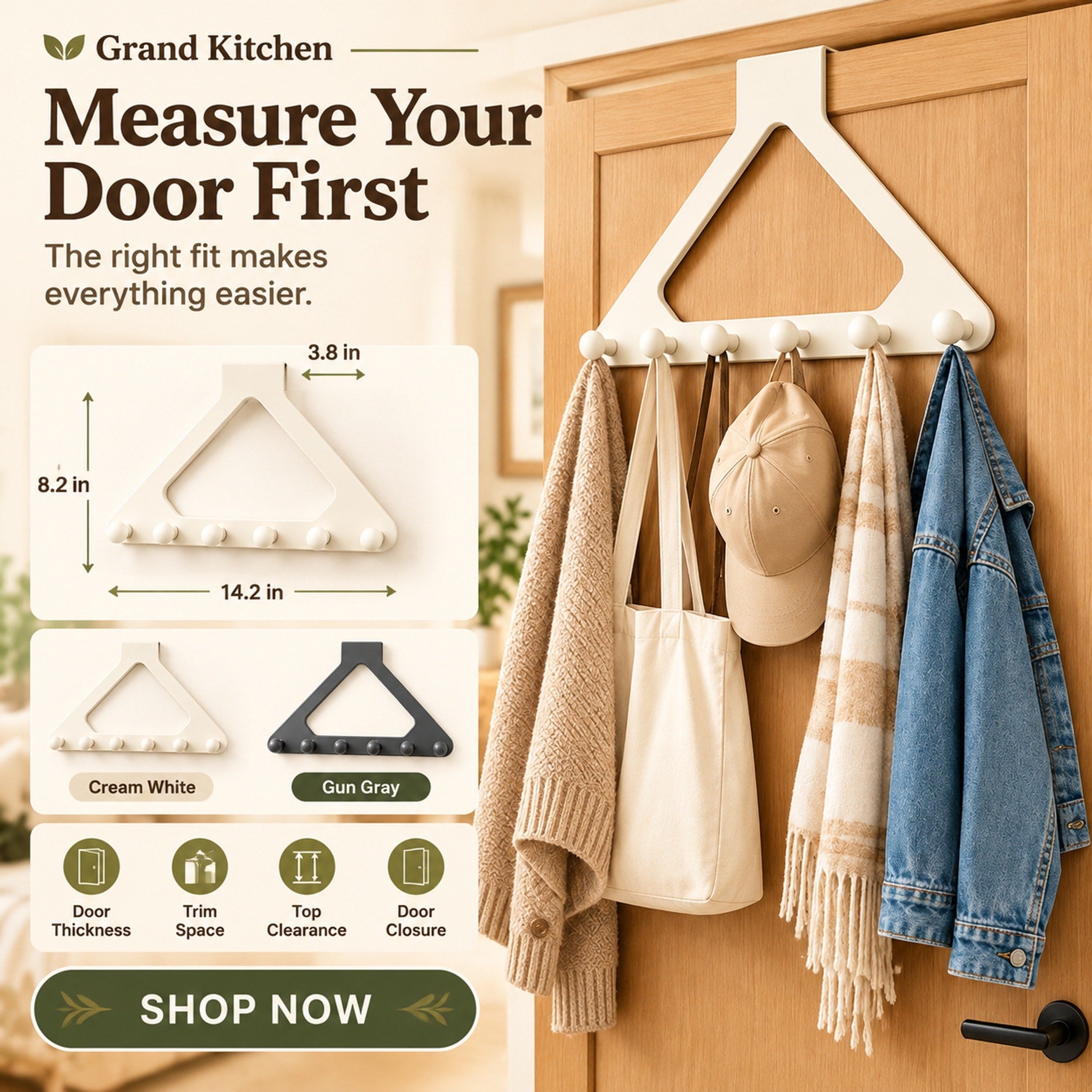 Cream white and gun gray triangle-shaped over-the-door organizers, each with six round hooks