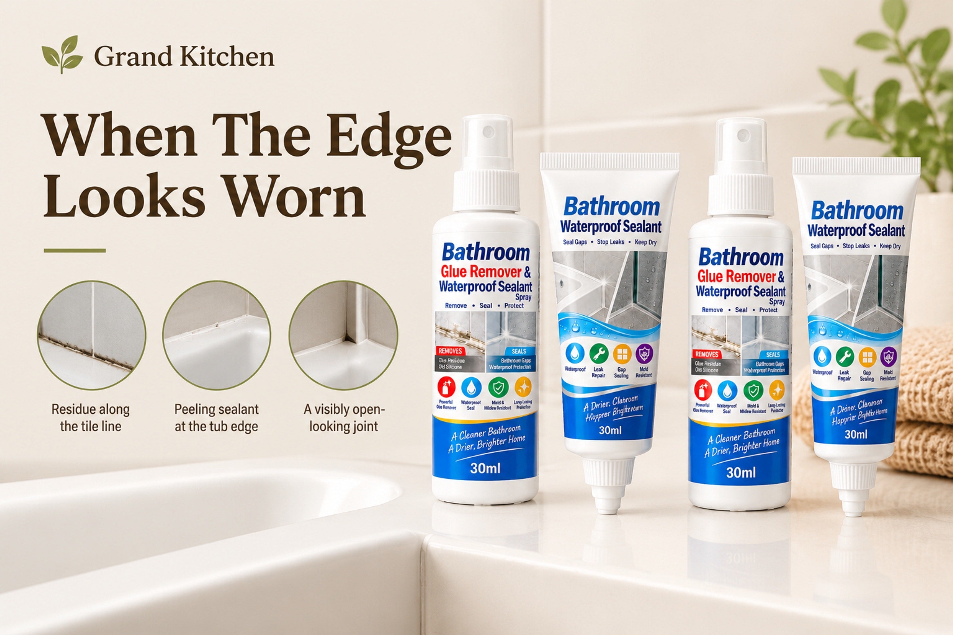 Bathroom tile edge with aged residue along the joint