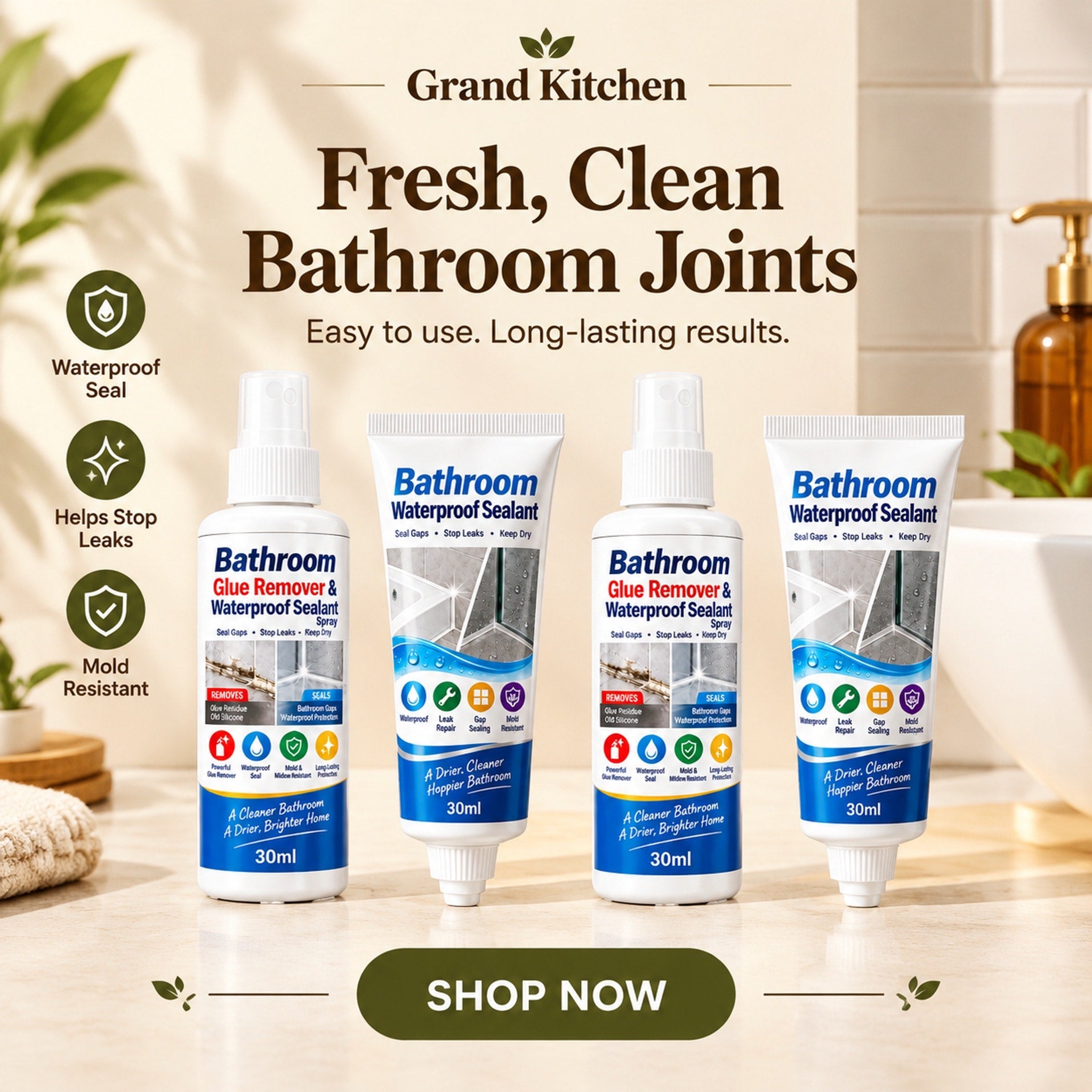 Bathroom Glue Remover and Waterproof Sealant Set showing the spray bottle and pointed-nozzle tube