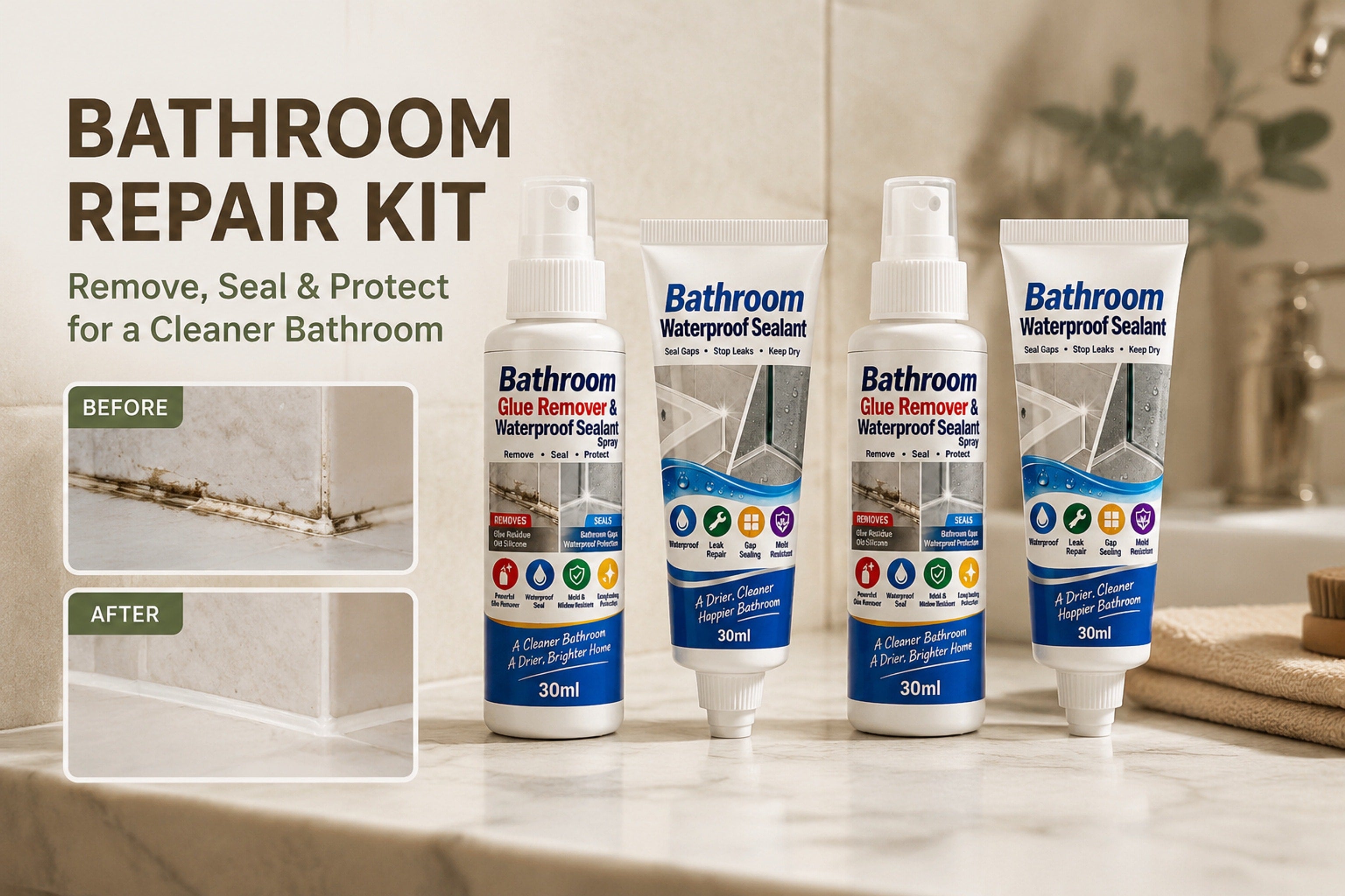 Close-up of the spray remover bottle and pointed-nozzle white sealant tube