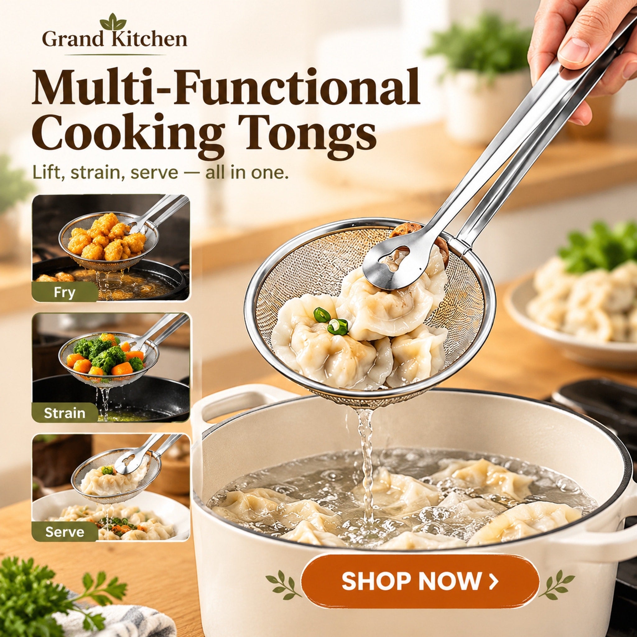 Grand Kitchen stainless-steel strainer tongs holding fried food in a fine-mesh basket as oil drains back toward the pan