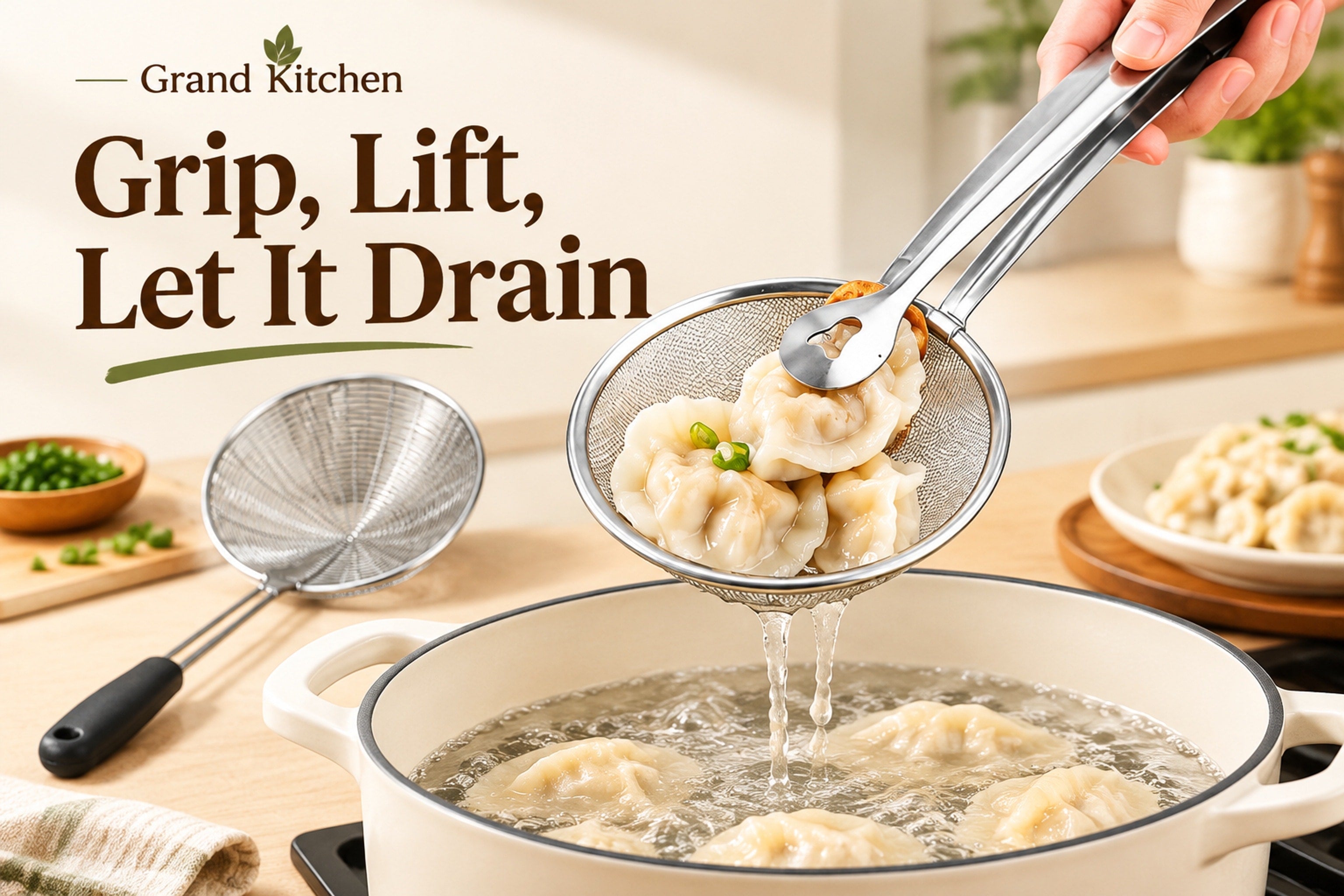 Two-piece stainless steel strainer tong set shown during cooking