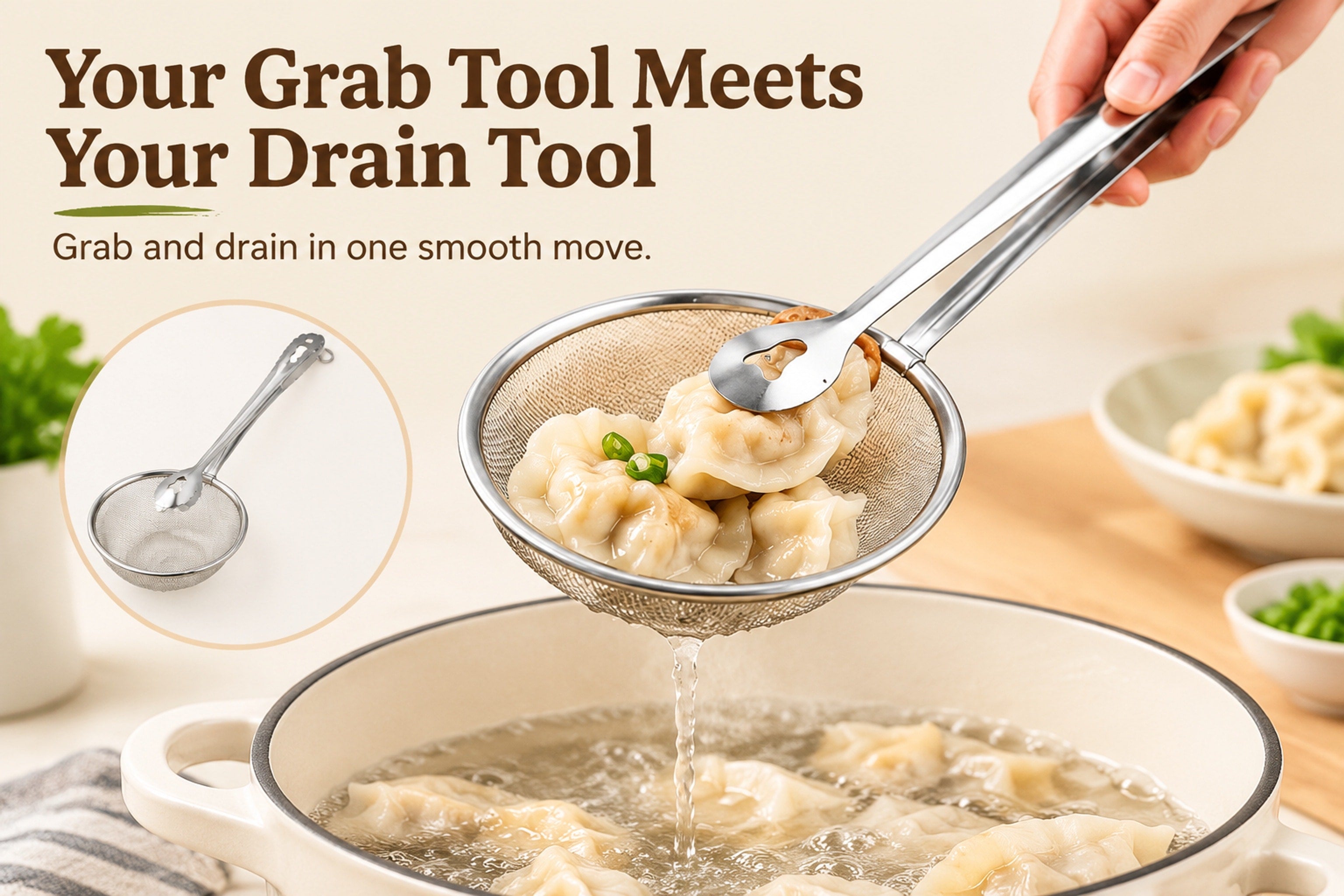 Separate tongs and a mesh strainer beside a pot, illustrating a multi-tool cooking setup