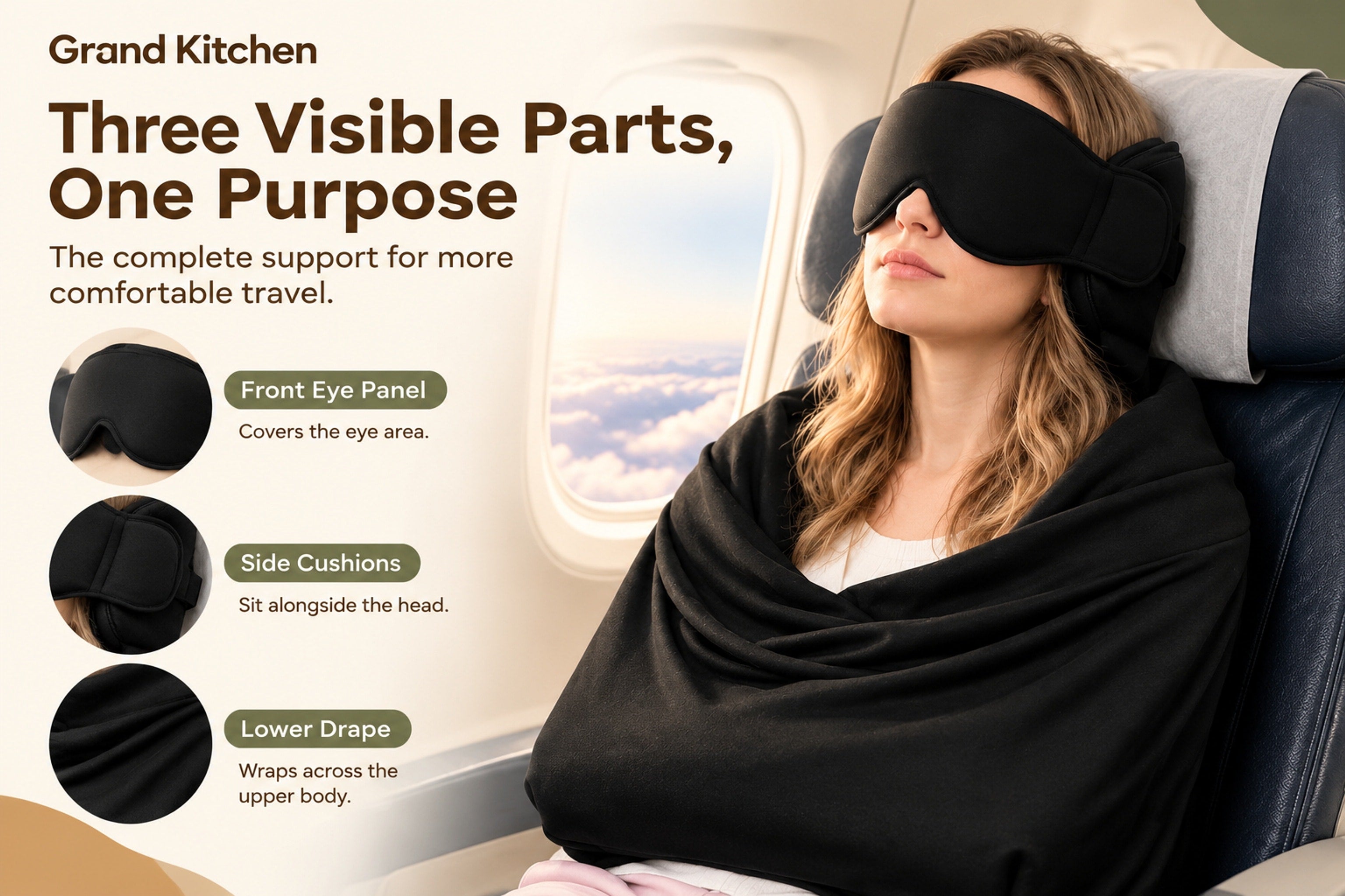 Grand Kitchen travel sleep support shown in a seated airplane travel scene with wide eye coverage and side cushions
