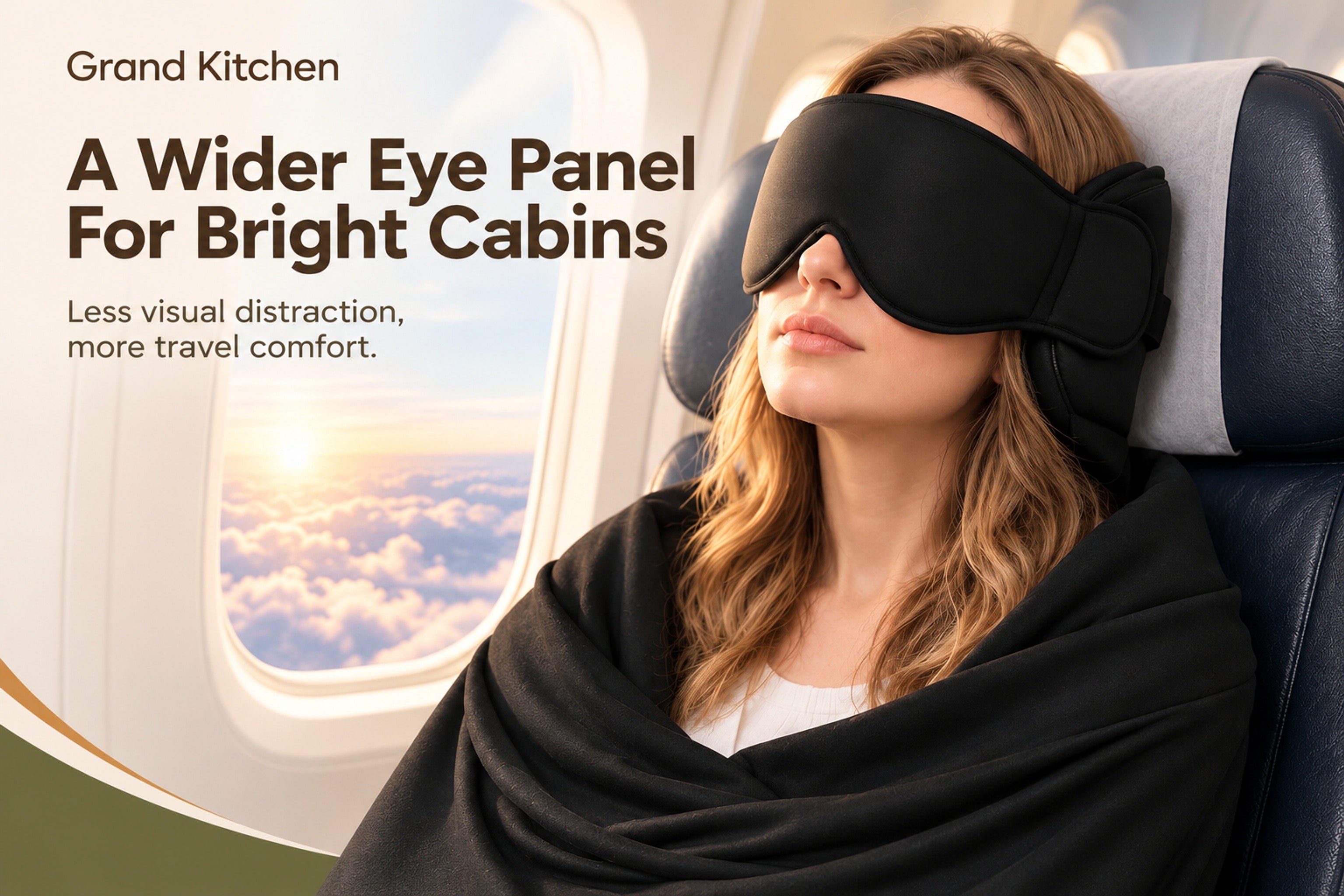 Grand Kitchen travel sleep support detail showing the black eye panel, side head-area cushioning, and wraparound fabric