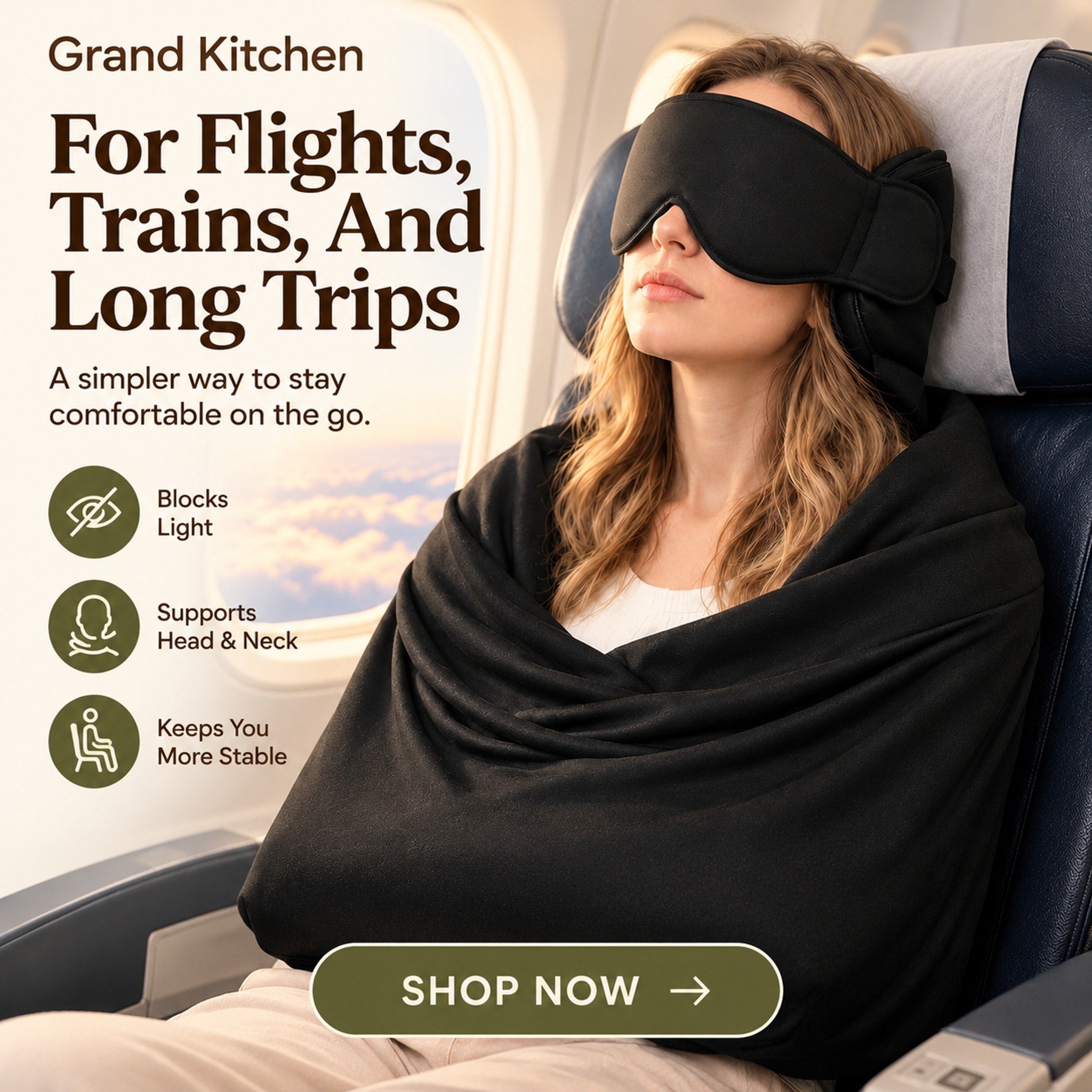 Grand Kitchen black 3-in-1 travel sleep support on an airline traveler, showing wide eye coverage, side head cushions, and upper-body wraparound layer