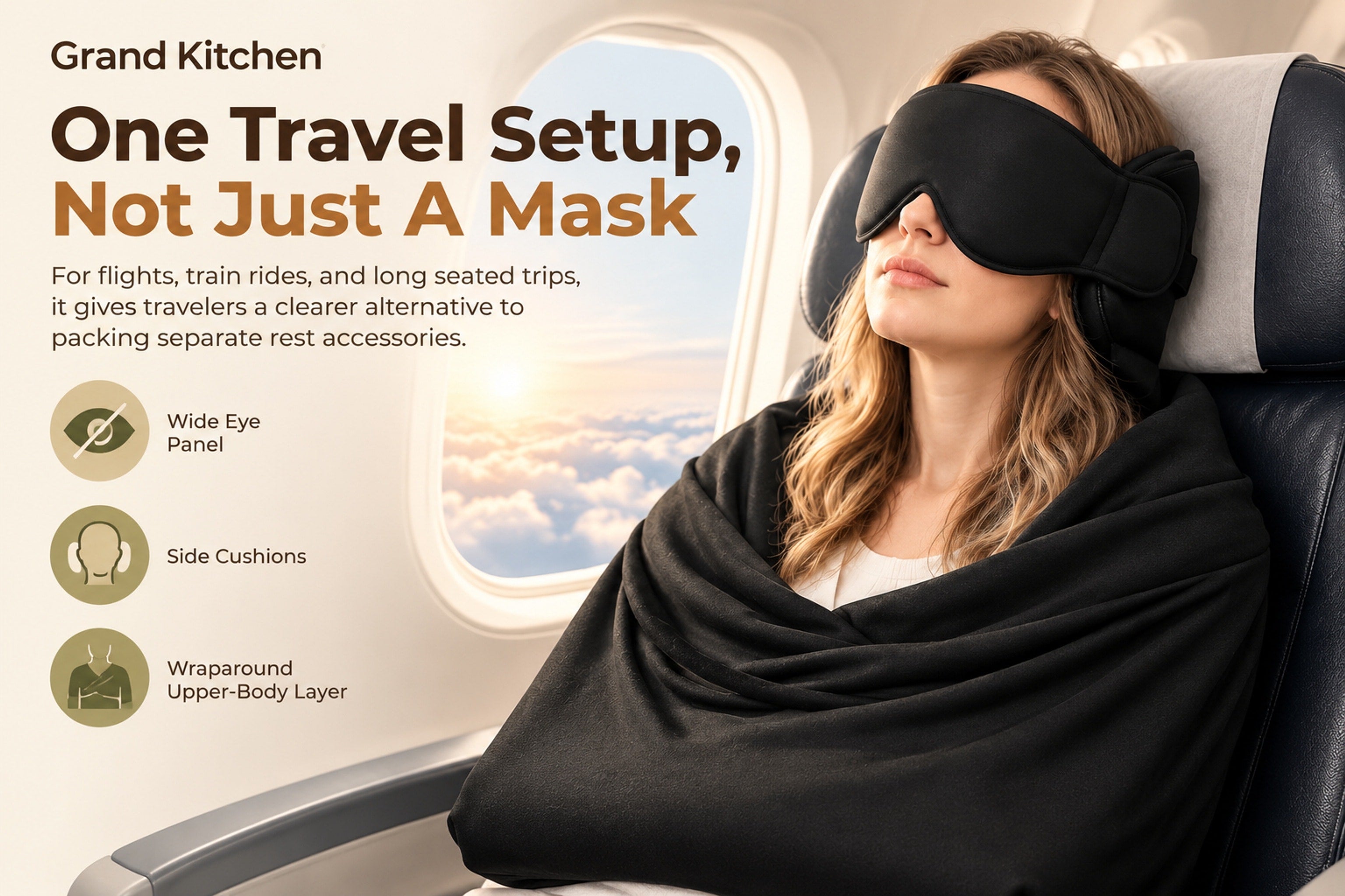 Black travel accessory with a broad eye panel, side head cushions, and upper-body wraparound layer