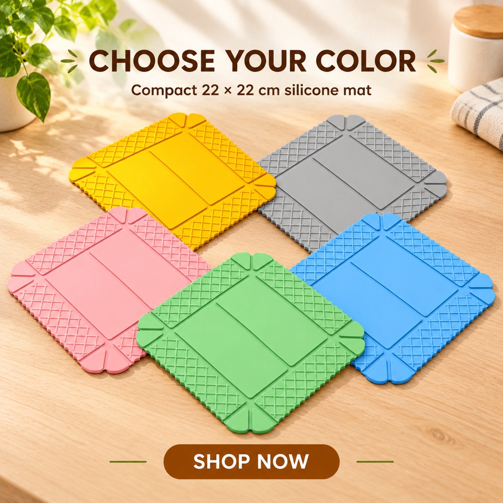 Pink magnetic silicone mat shown as a flat trivet and folded shallow serving tray