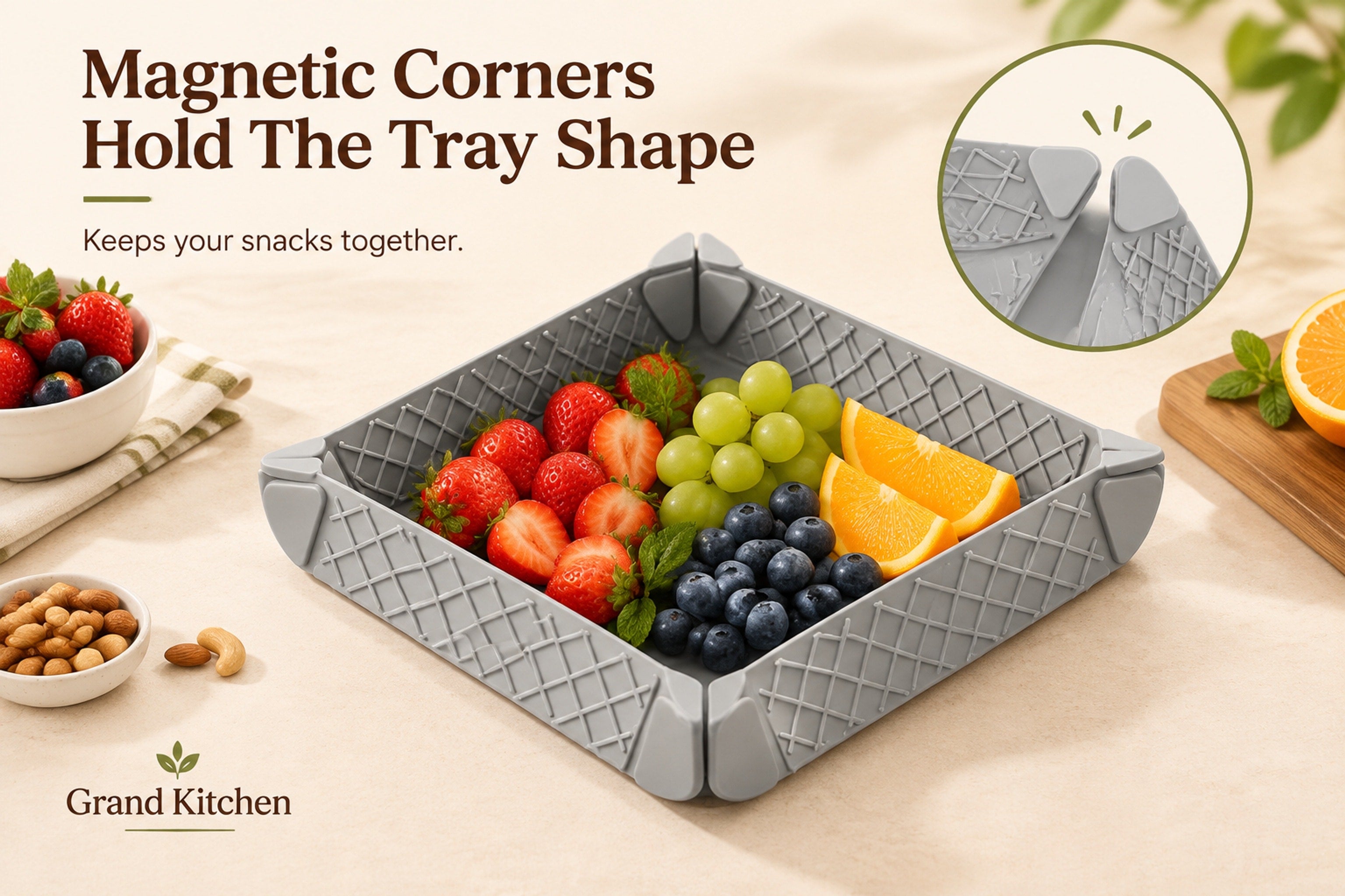 Pink silicone mat shown flat for light food preparation and folded into a shallow tray