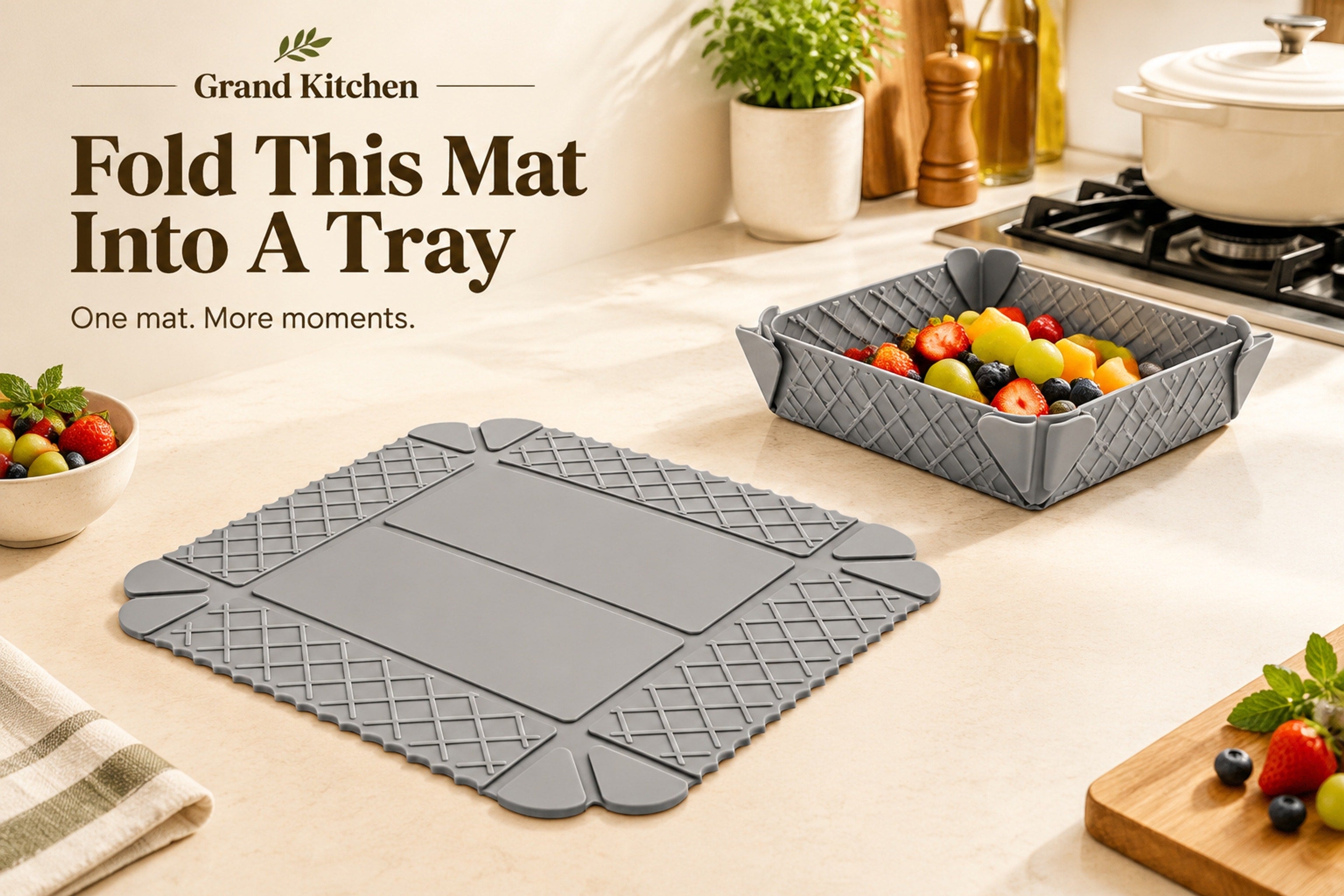 Pink 3-in-1 silicone mat shown flat and folded into a shallow tray