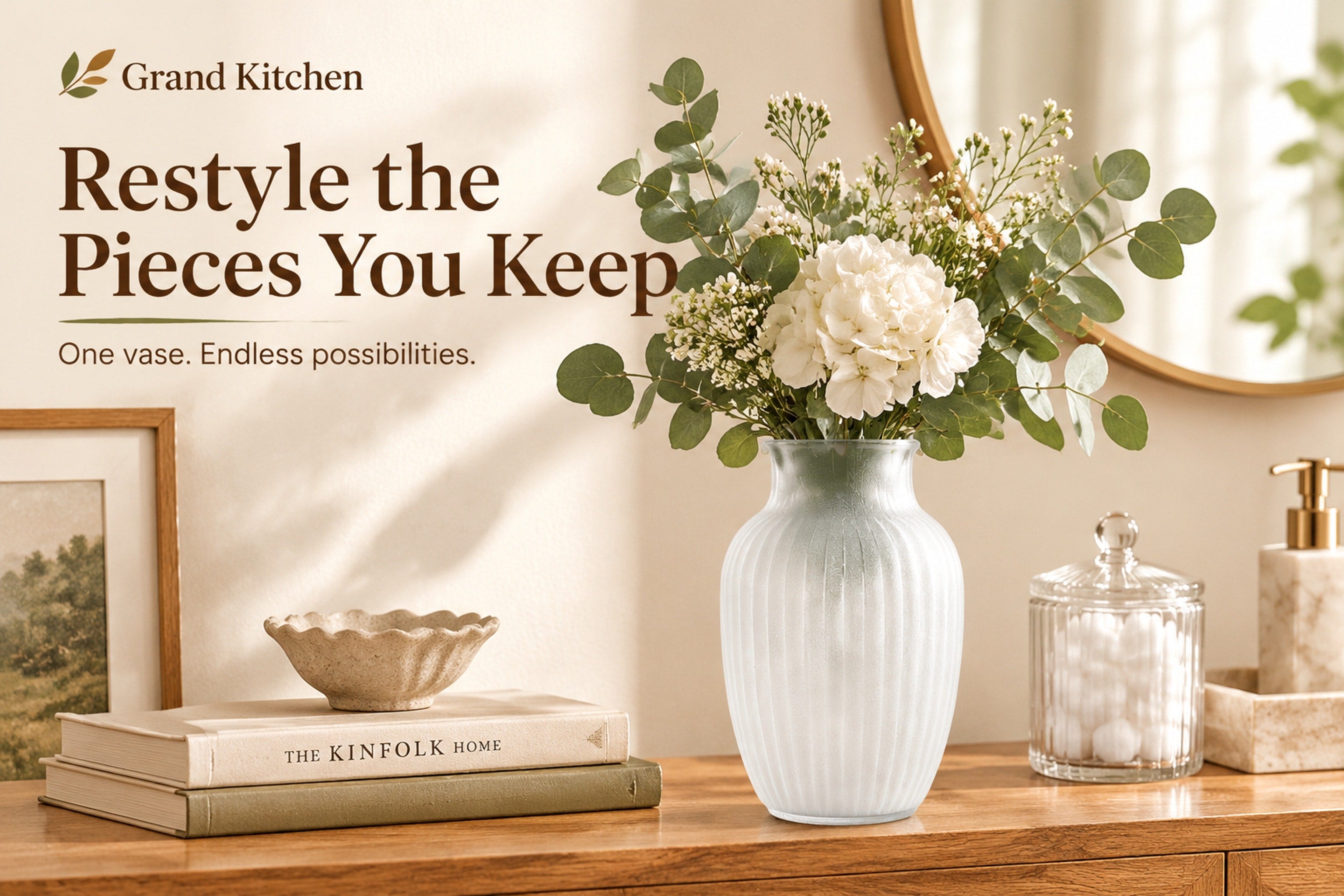 Grand Kitchen decorative frosted glass coating jar beside a styled vase