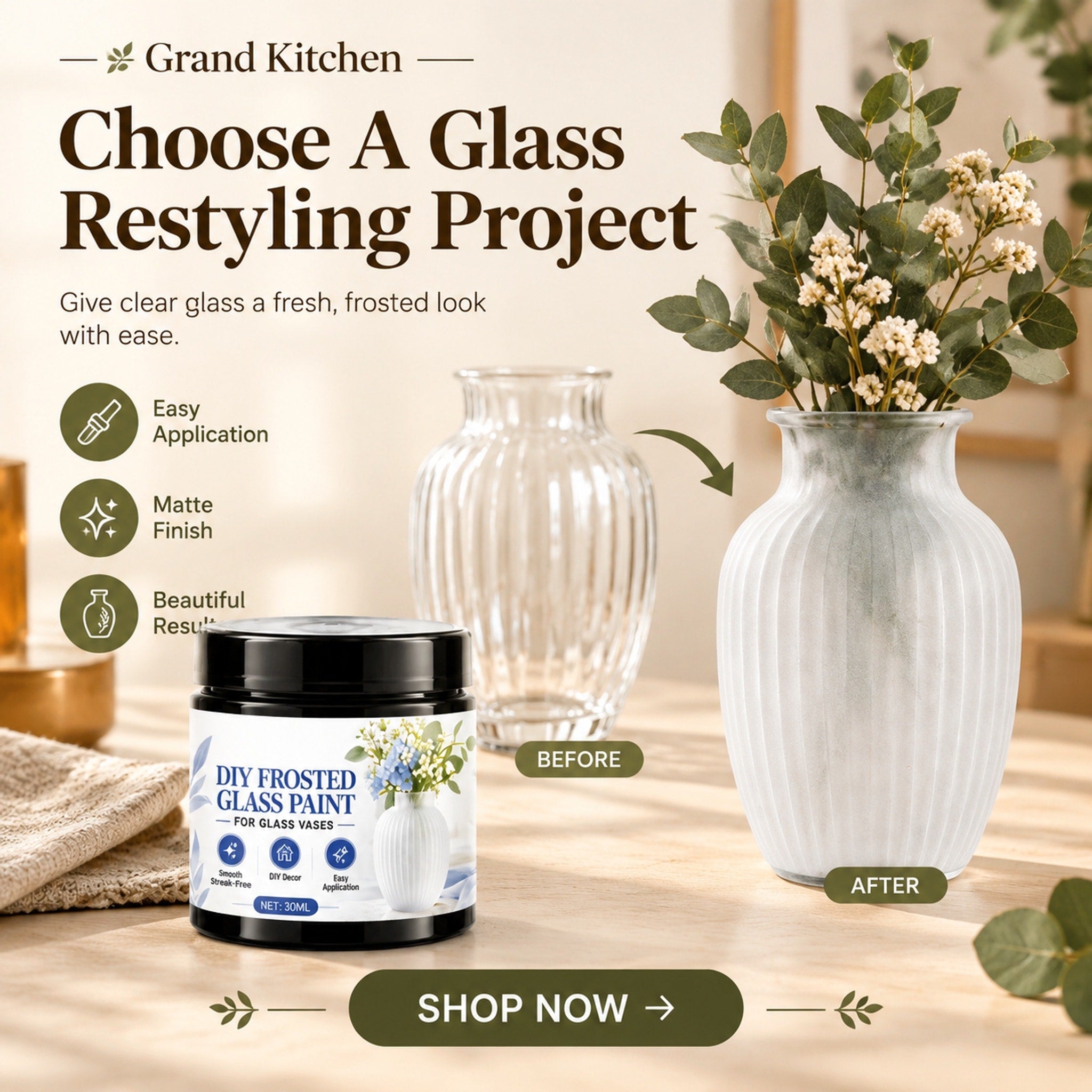 Before-and-after comparison of a clear ribbed vase and an illustrated frosted-matte vase finish