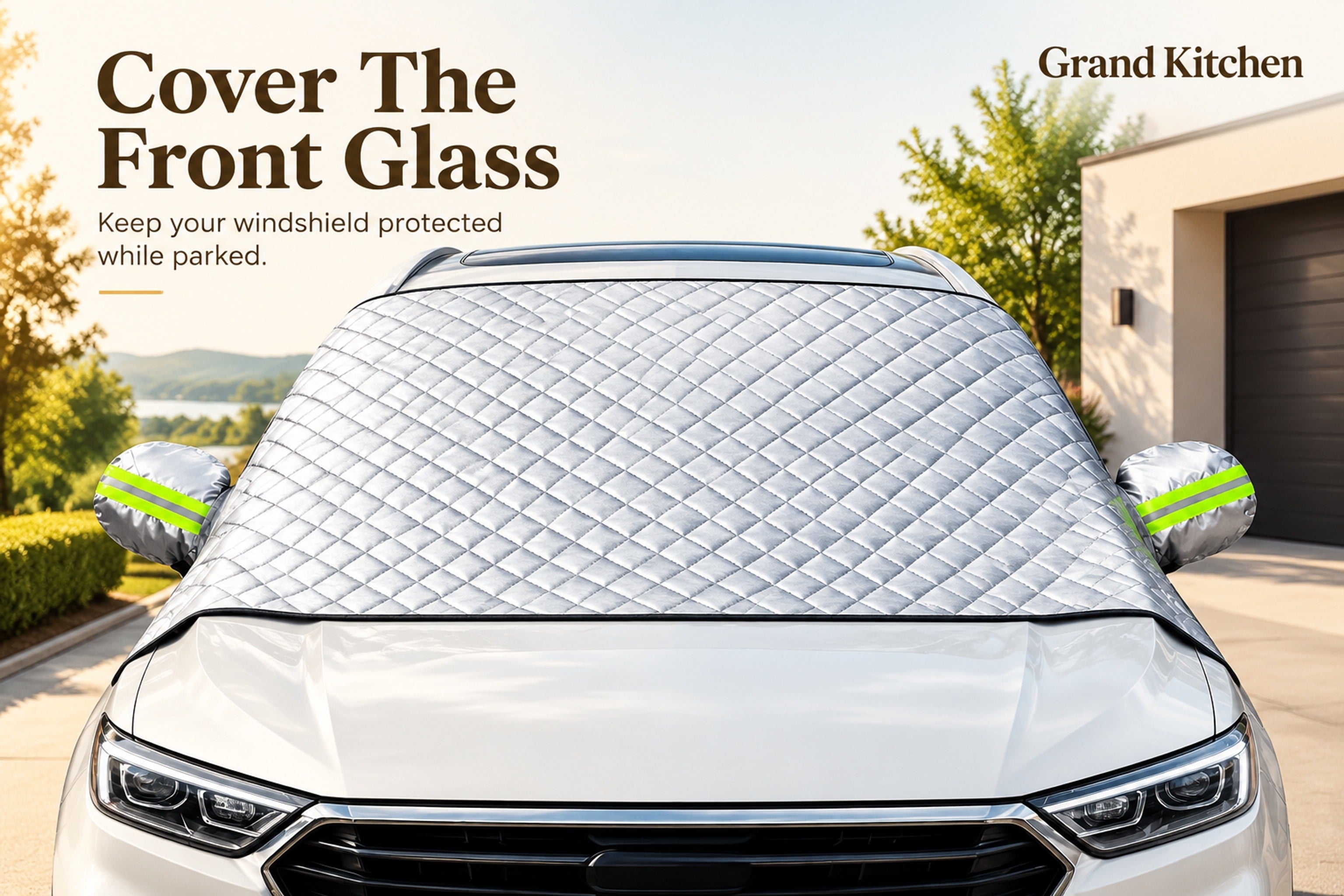 Parked vehicle with windshield cover in place; remove the cover before driving