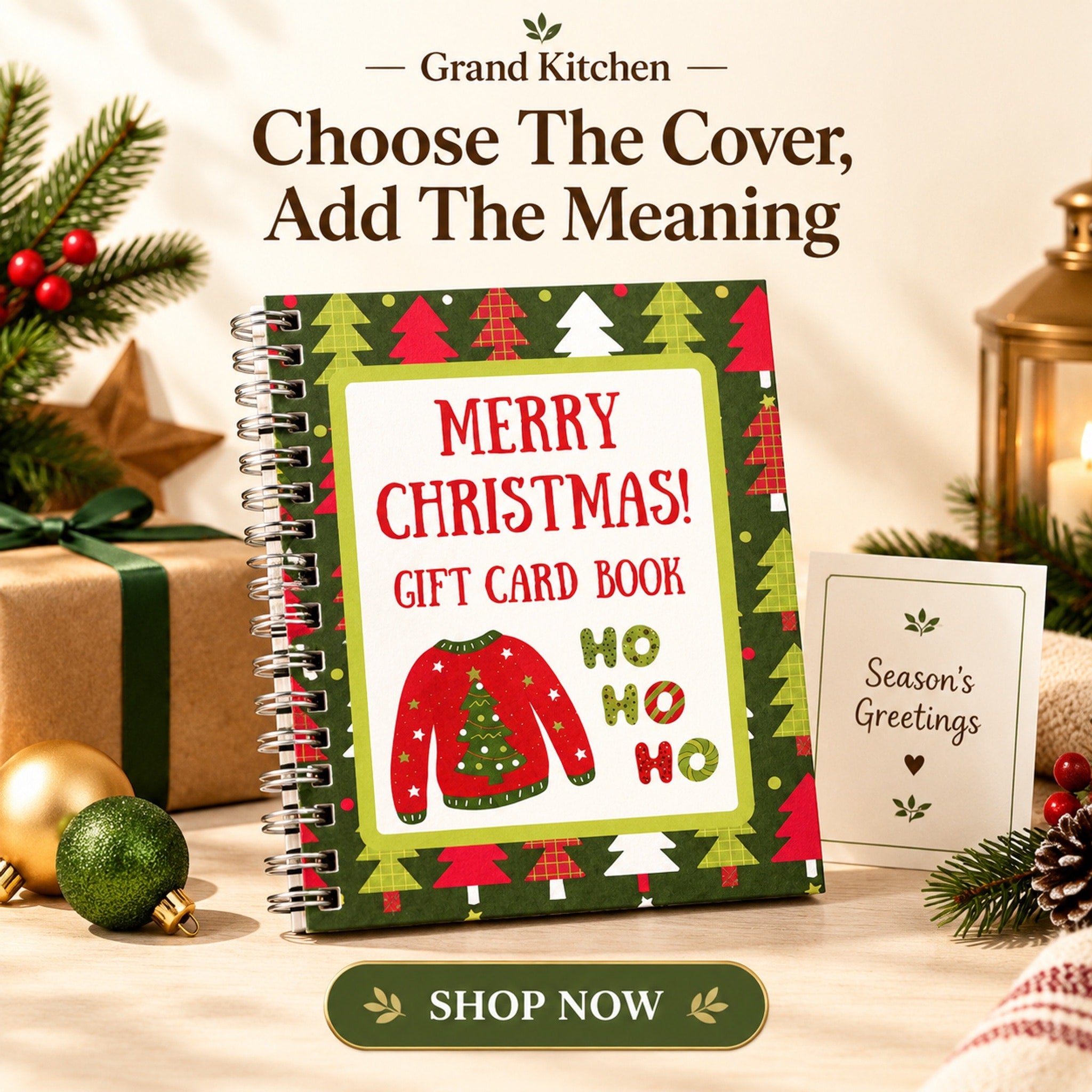 Festive spiral-bound Christmas gift-card book with illustrated seasonal cover artwork