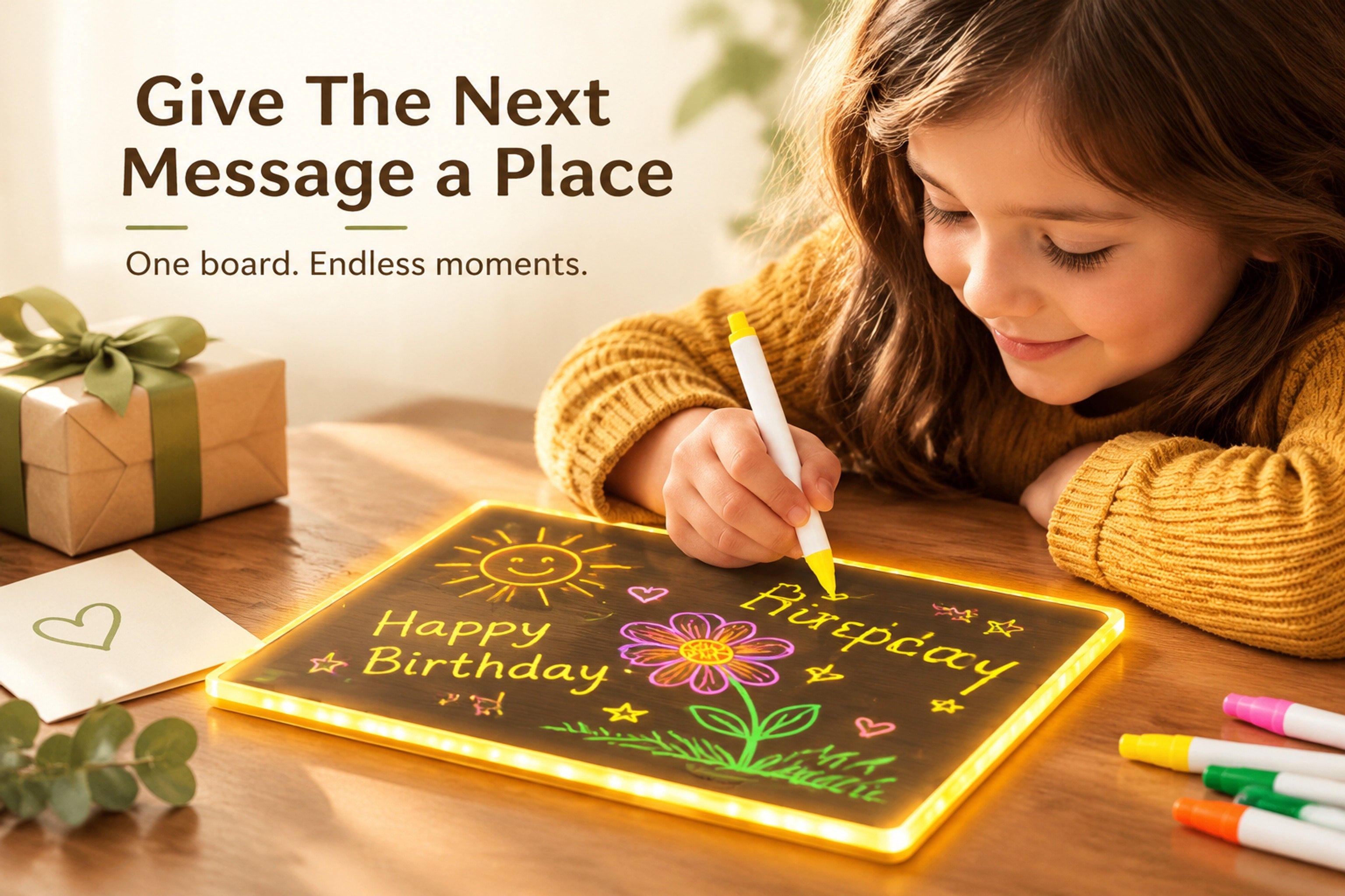 An ordinary tabletop before adding an illuminated handwritten message
