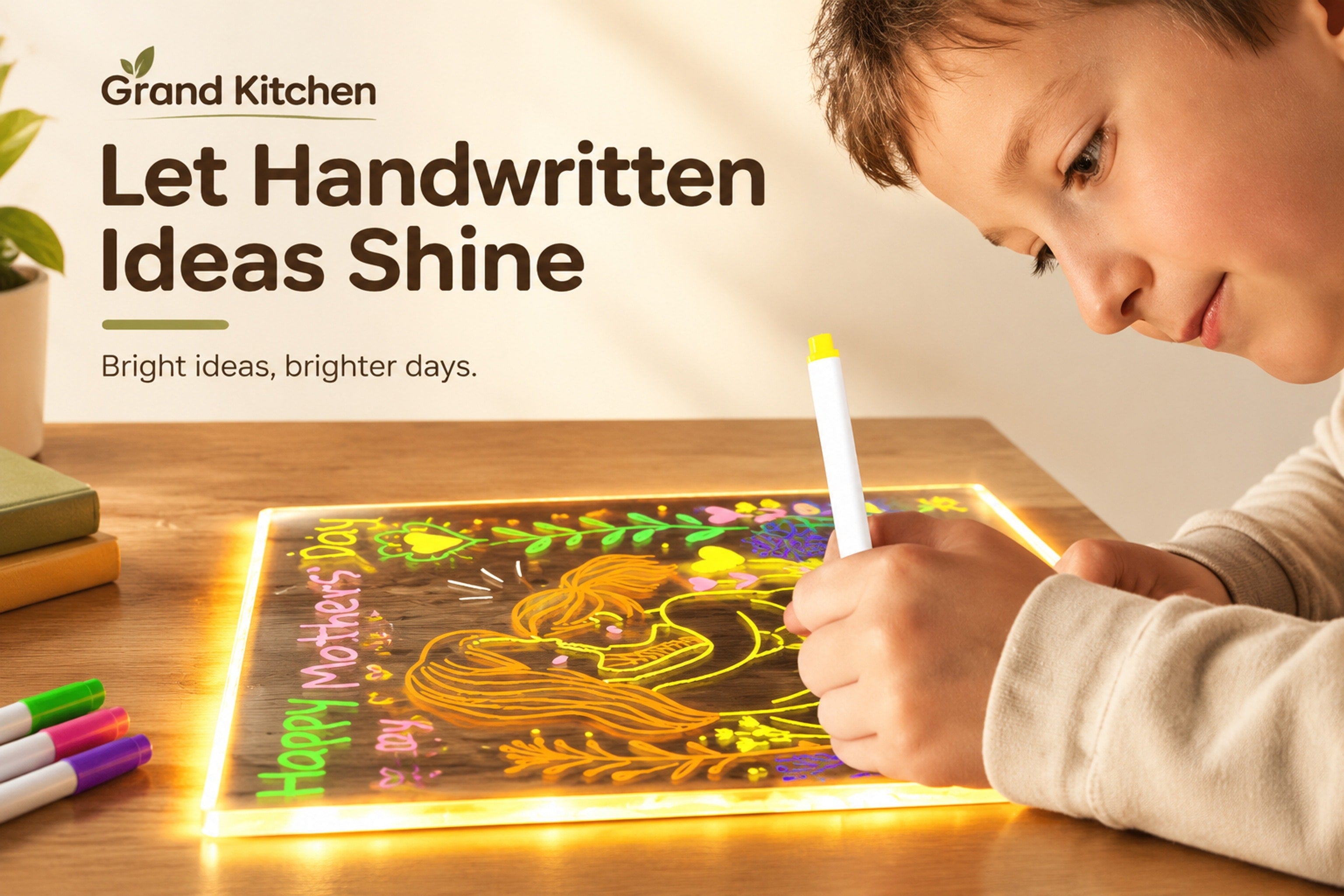 Colorful handwritten artwork glowing on an acrylic LED message board