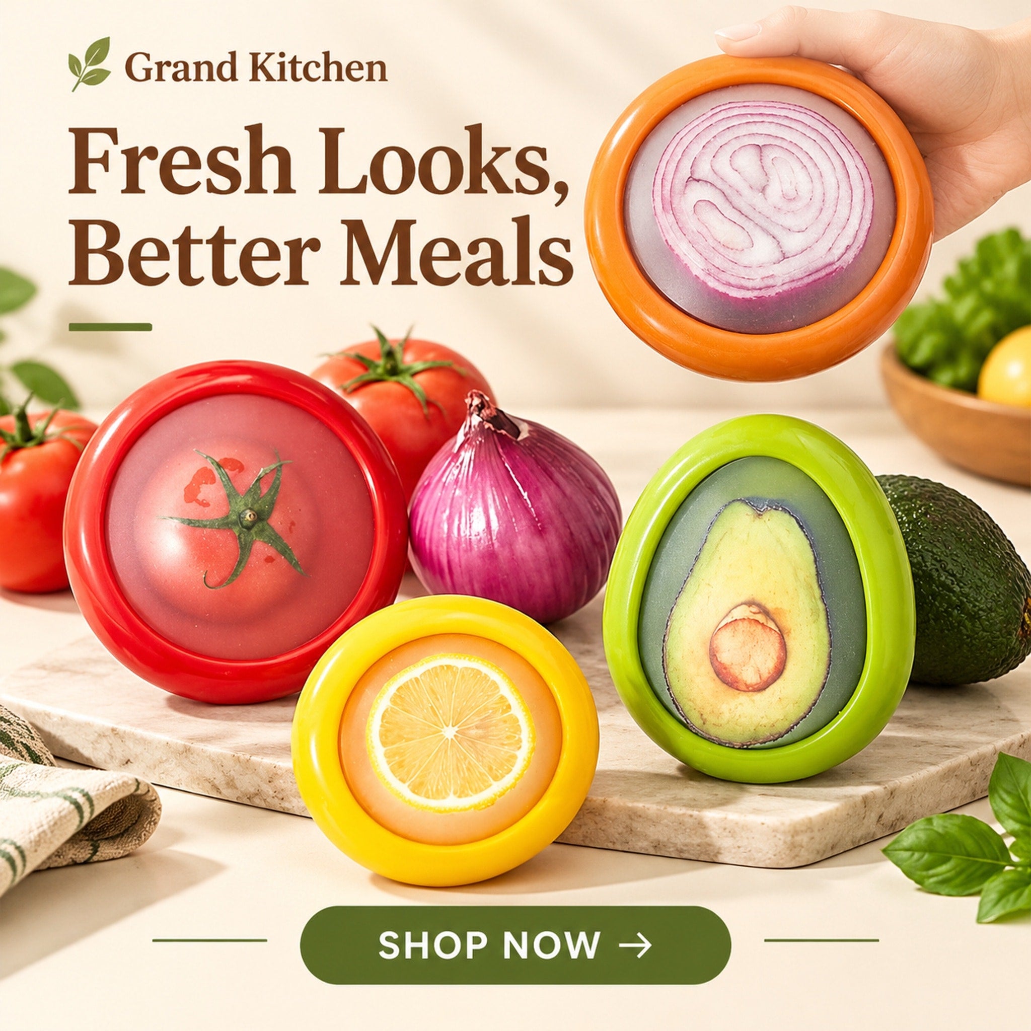 Colorful produce storage containers holding cut fruit and vegetables in a refrigerator