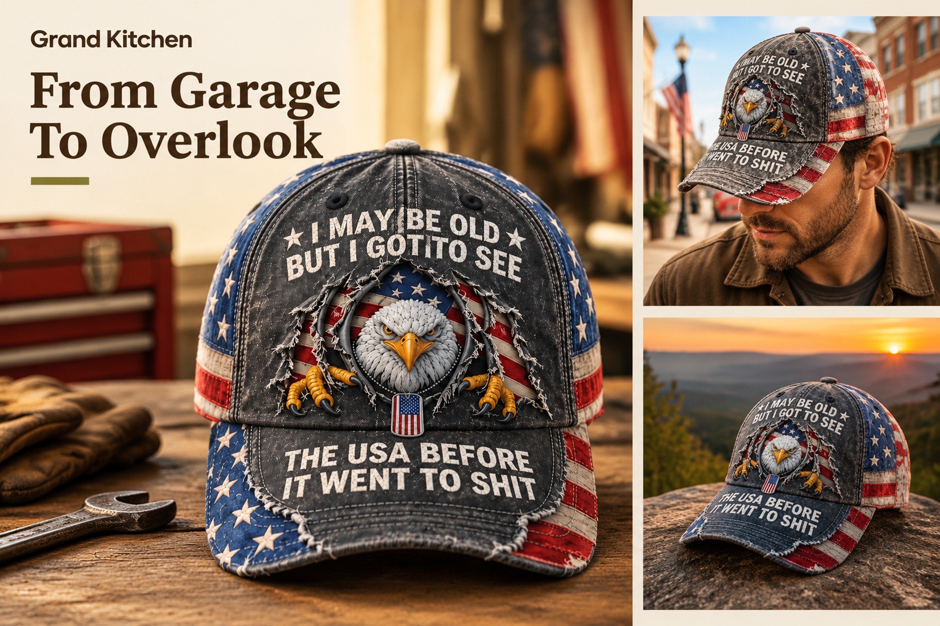 Close-up of the structured crown, curved brim, flat print, and distressed-look finish