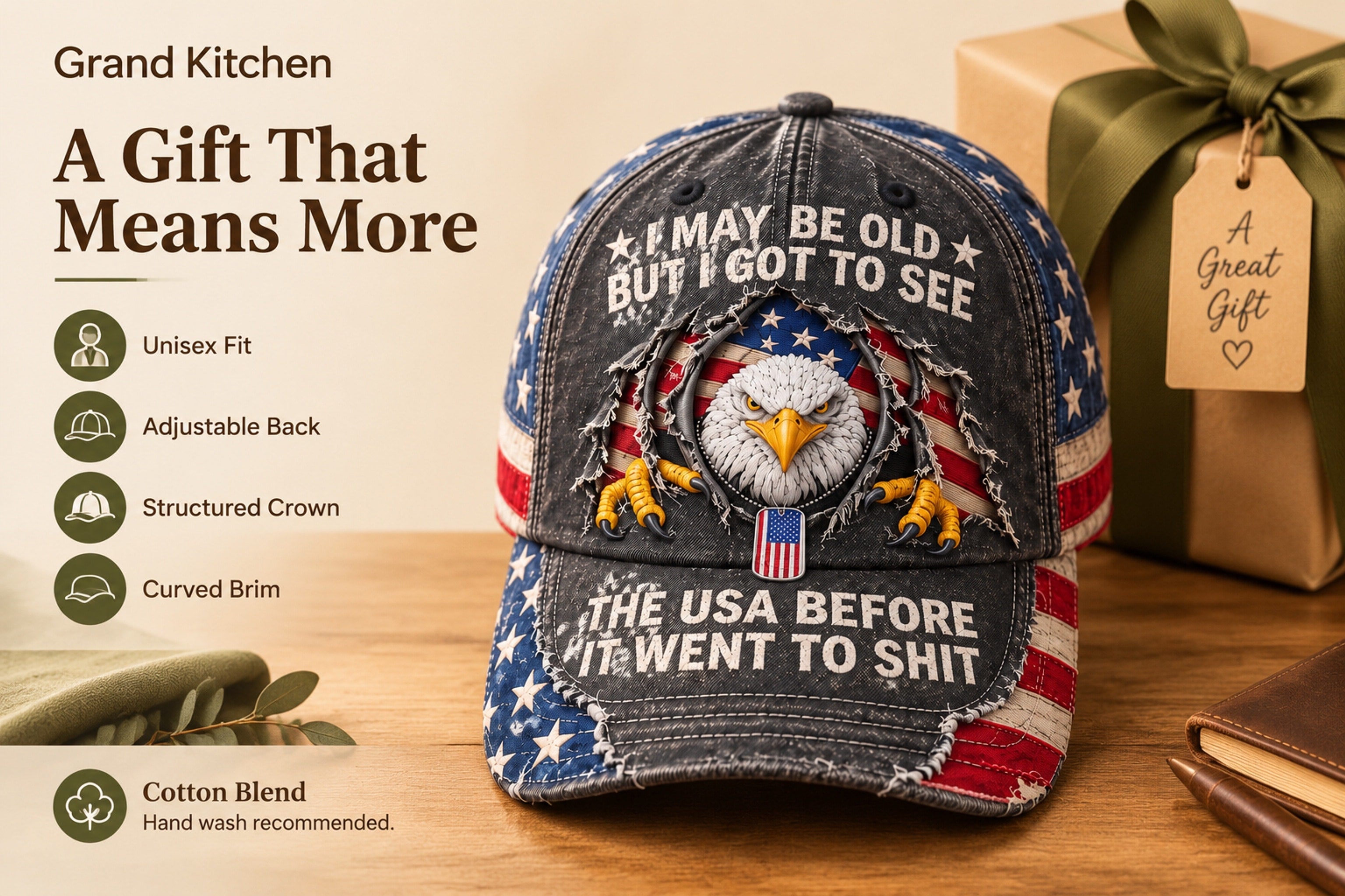 A casual outfit before adding a bold Americana statement cap