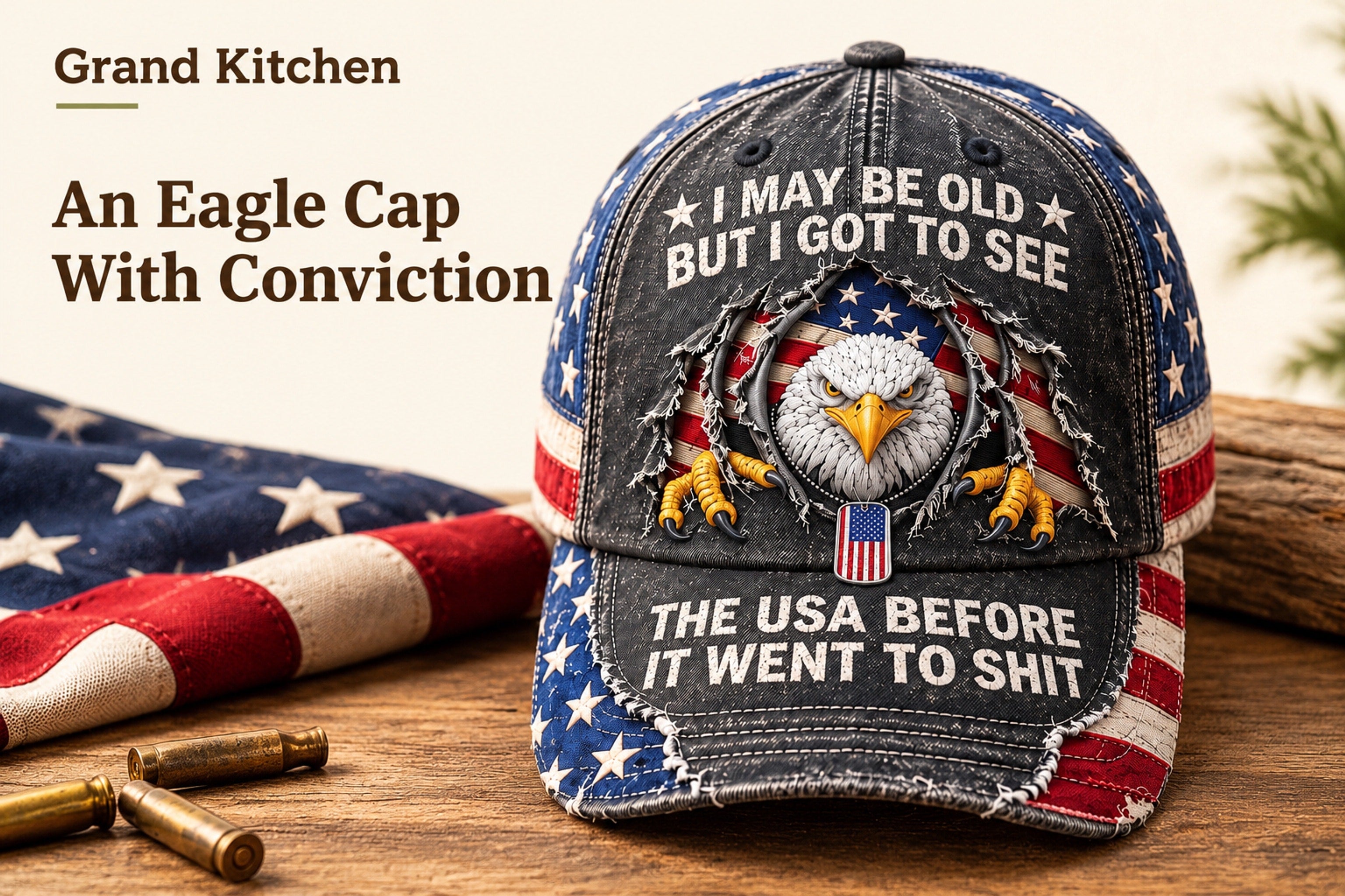 Vintage-washed cap with flat-printed eagle artwork, stars-and-stripes panels, and curved brim
