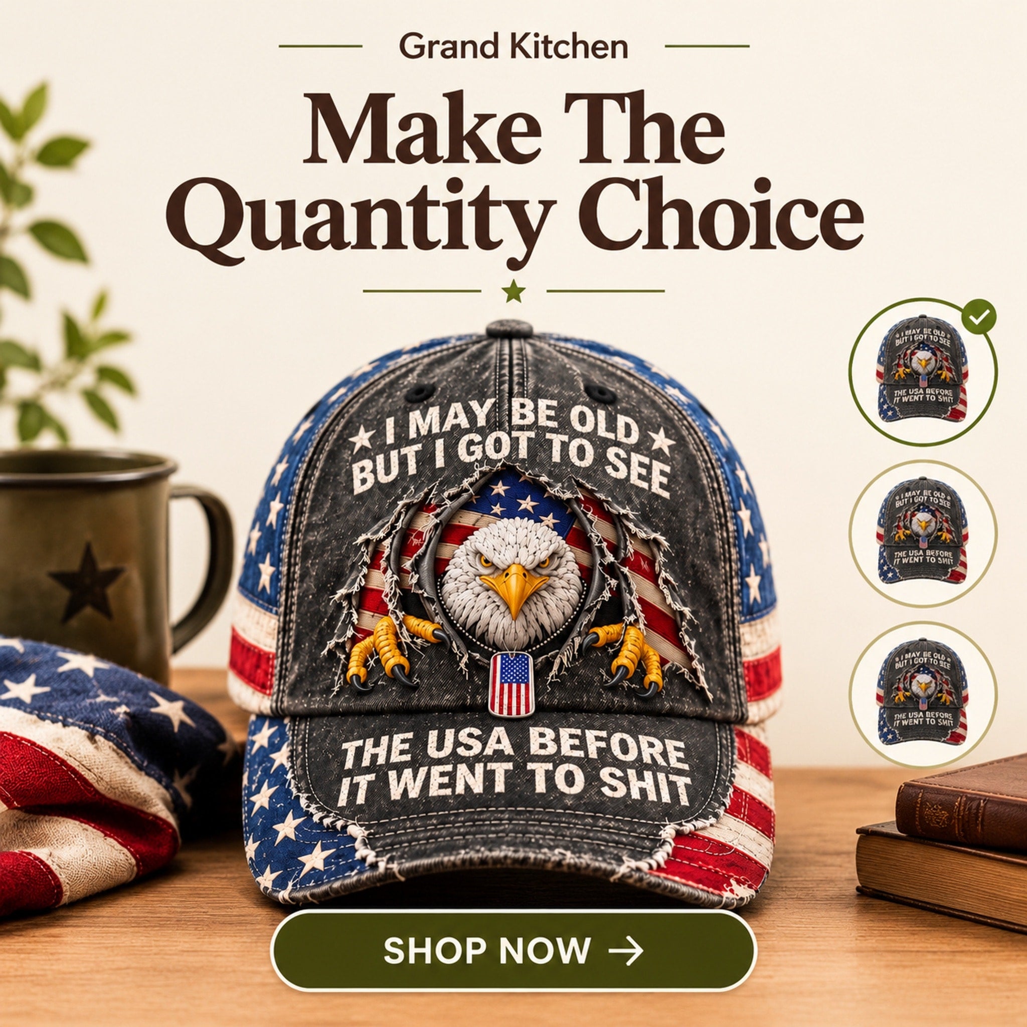 Close-up of the patriotic cap showing its flat-printed eagle, flag, and dog-tag motif