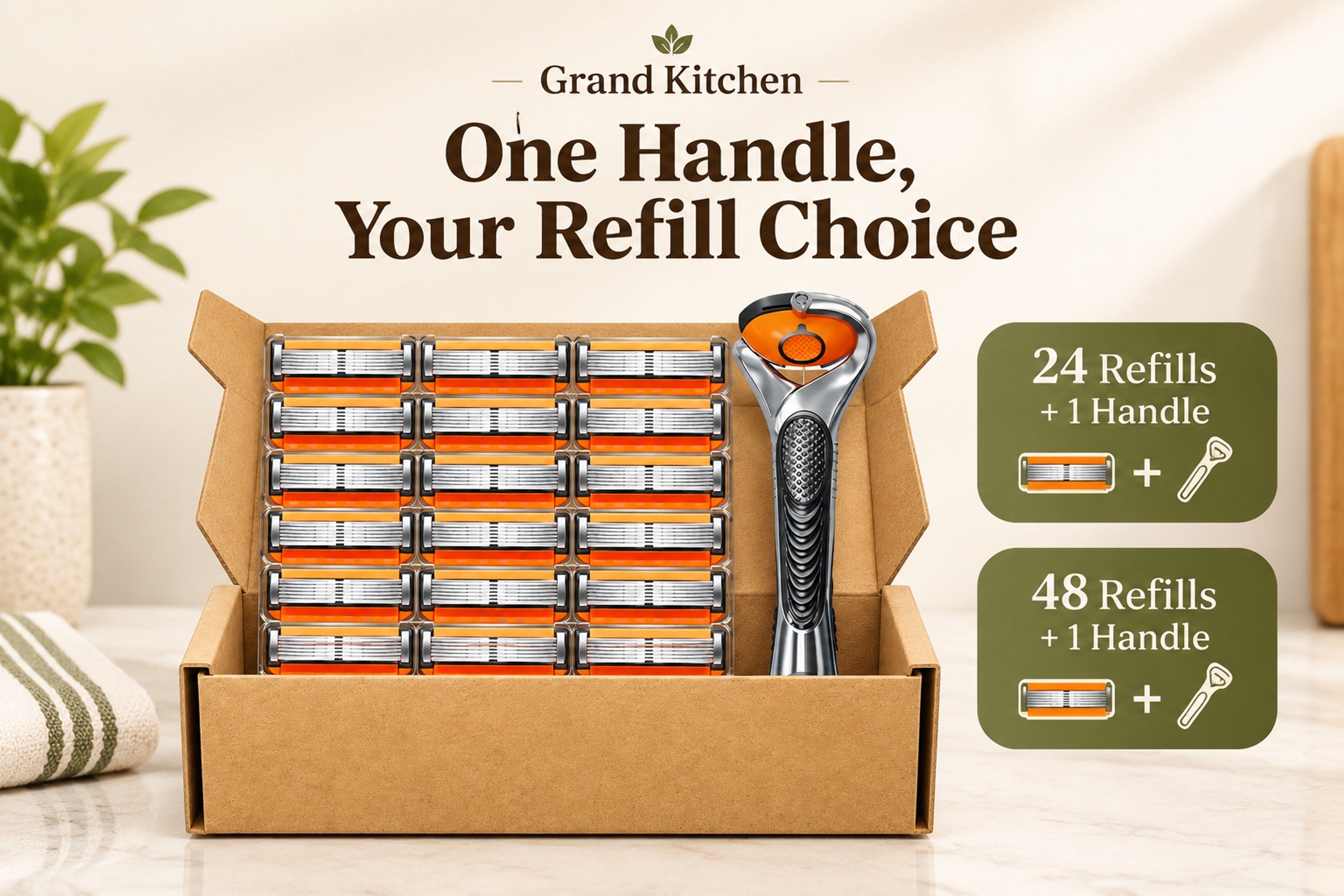 Grand Kitchen razor handle and refill cartridges in black, silver, and orange