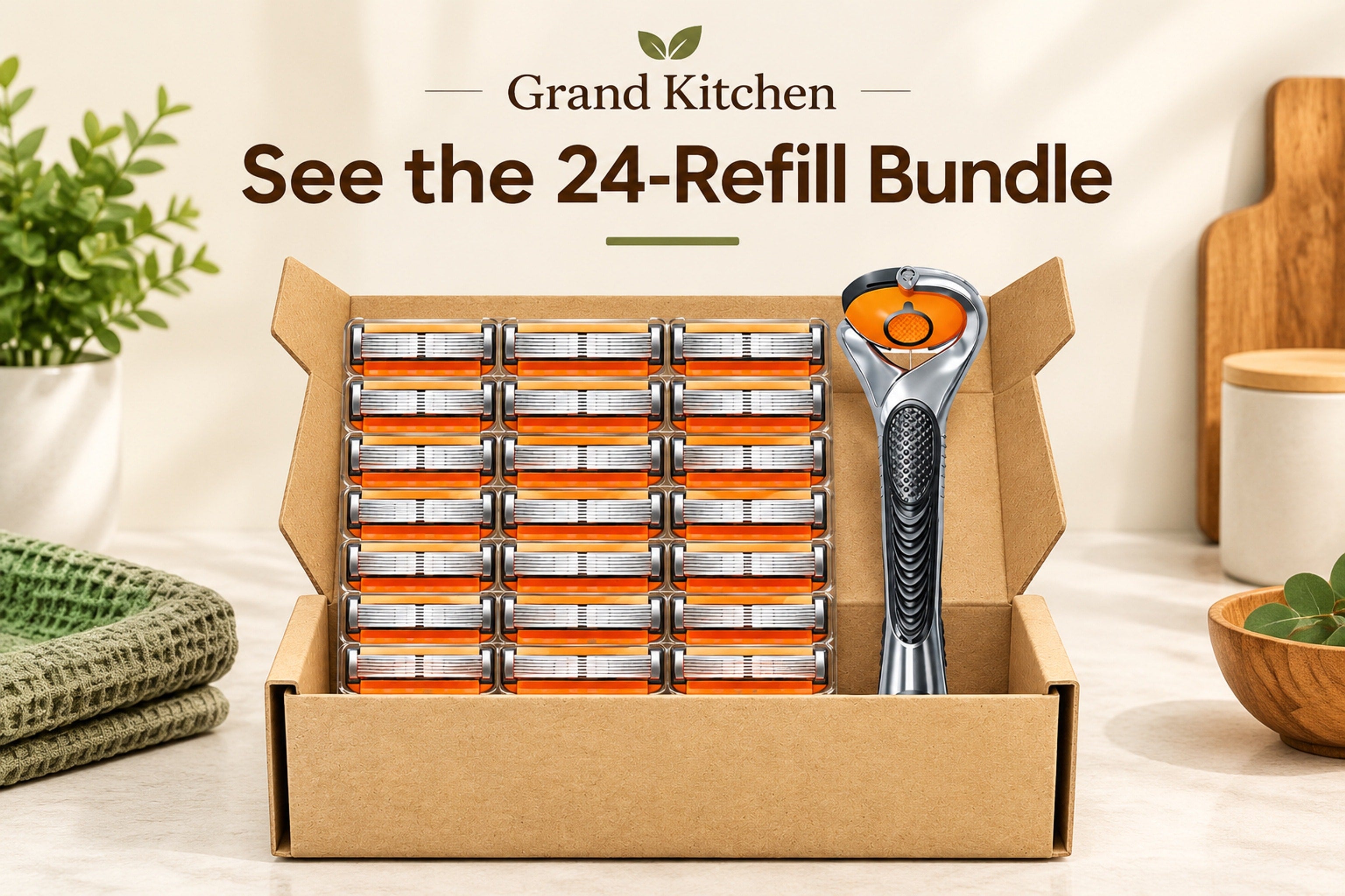 Close-up of the Grand Kitchen five-blade cartridge in black, silver, and orange