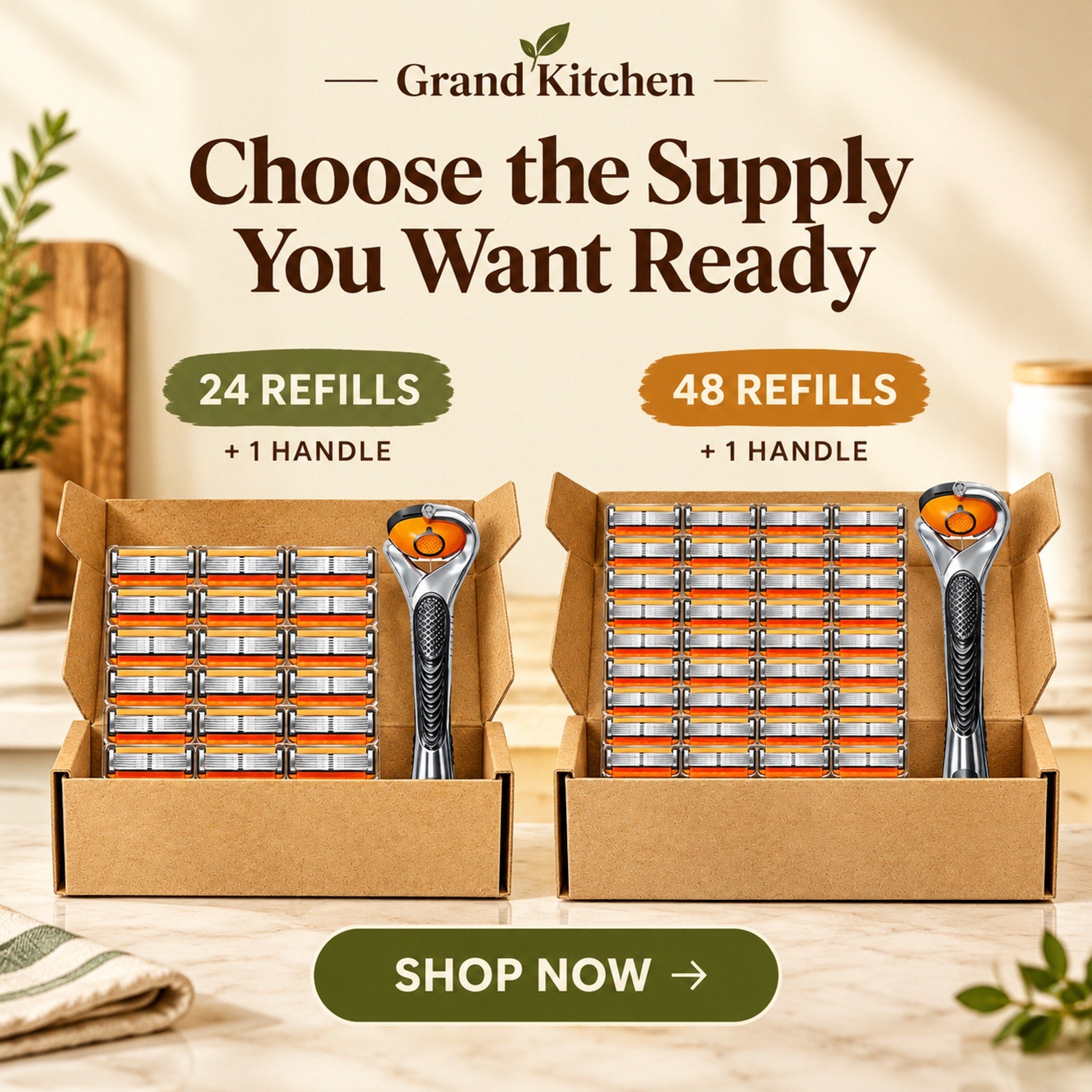 Open box displaying one razor handle beside 24 orange and silver refill cartridges