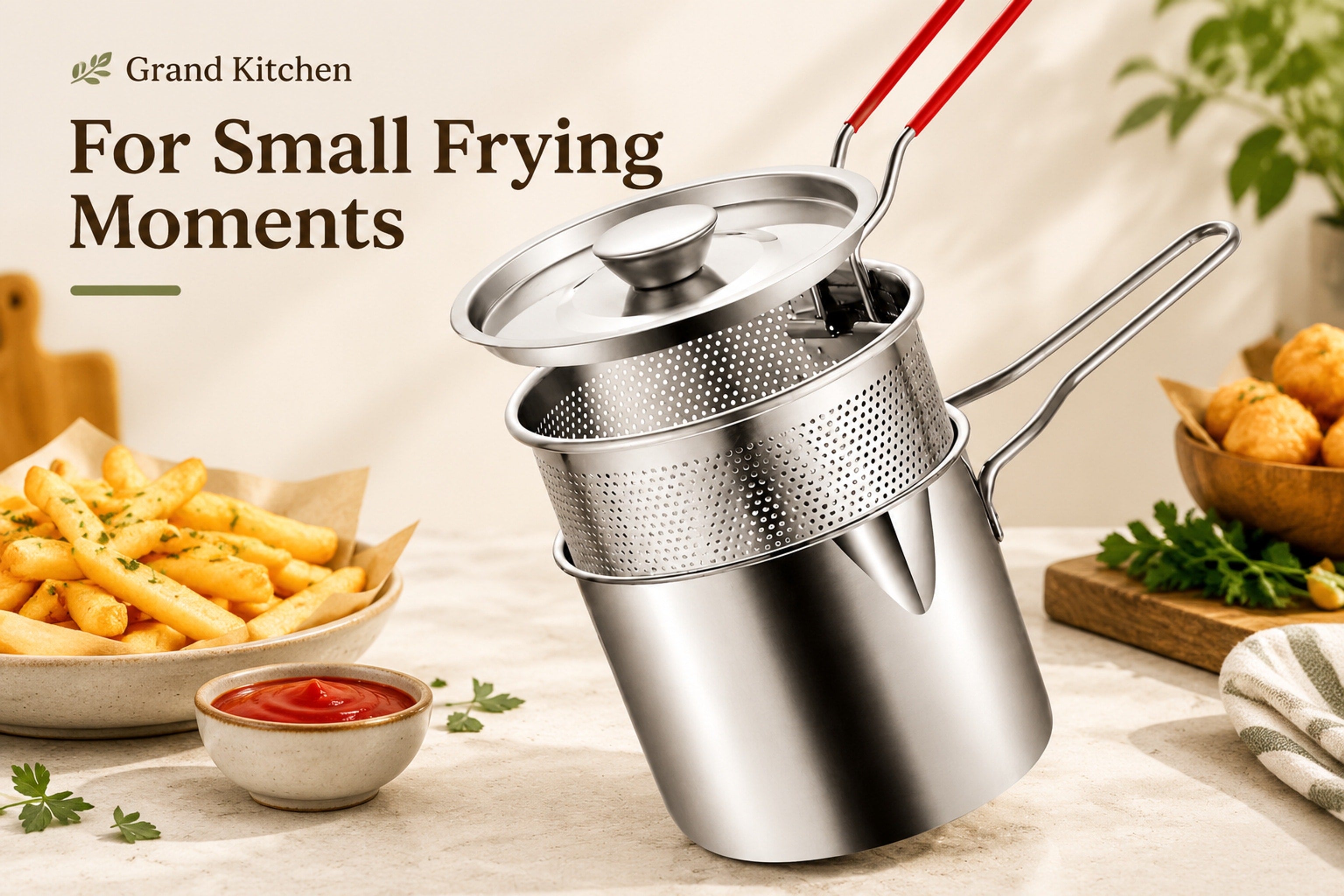 Stainless-steel small-batch frying set showing the pot, perforated basket, long handle, and included tongs